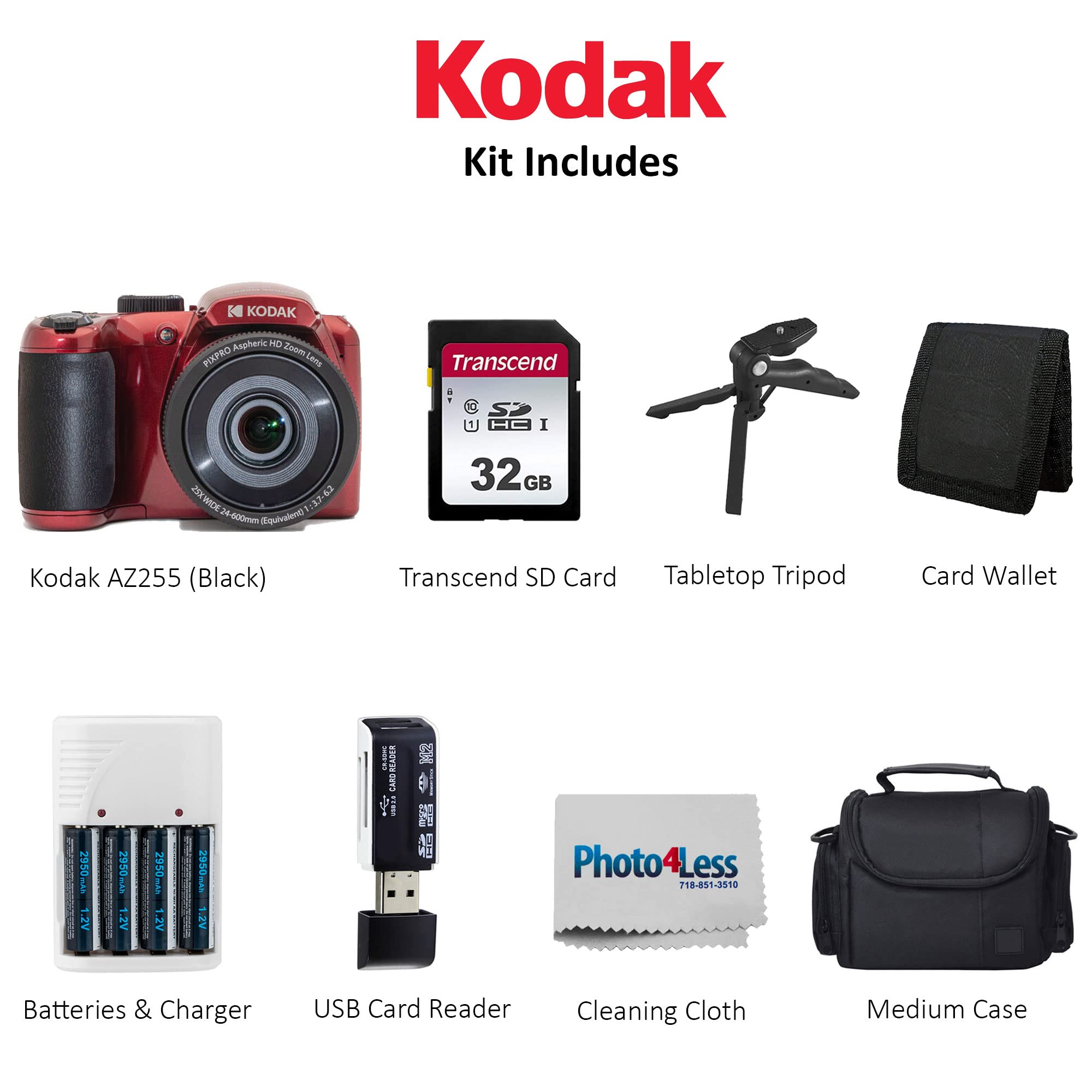 Kodak Pixpro Az255 Digital Camera (Red), Point & Shoot Camera Case, 32Gb Sd Memory Card, Rechargeable Batteries & Charger, Usb Card Reader, Table Tripod, Accessories