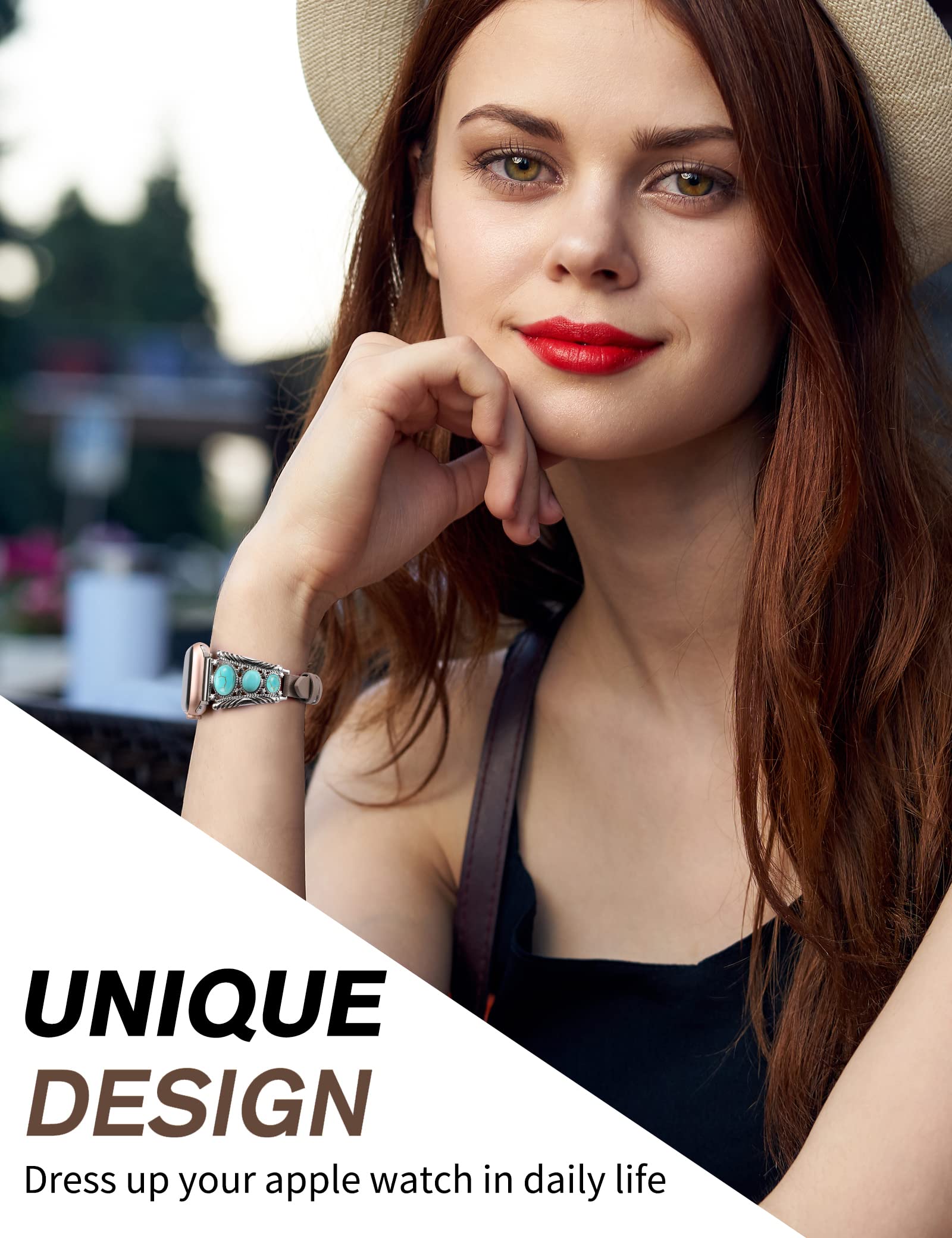 Minyee Leather Band Compatible With Apple Watch Band Women 38/40/41/42/44/45/49Mm, Turquoise Western Vintage Boho Ethnic Antique