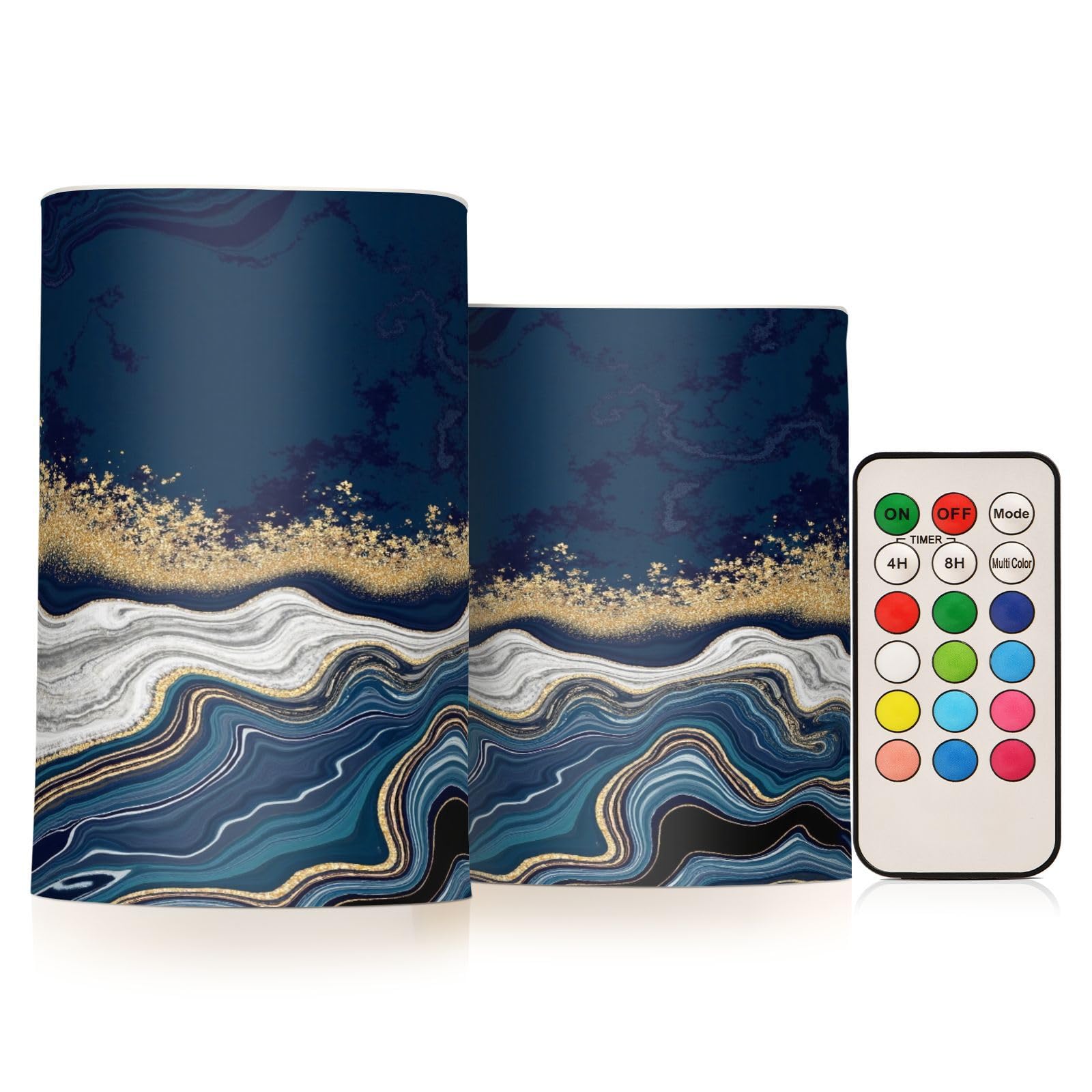 BOENLE Flickering Flameless Candles, Navy Blue Marble Golden Veins LED Candles with Remote Timer, Set of 2 Battery Operated Cand