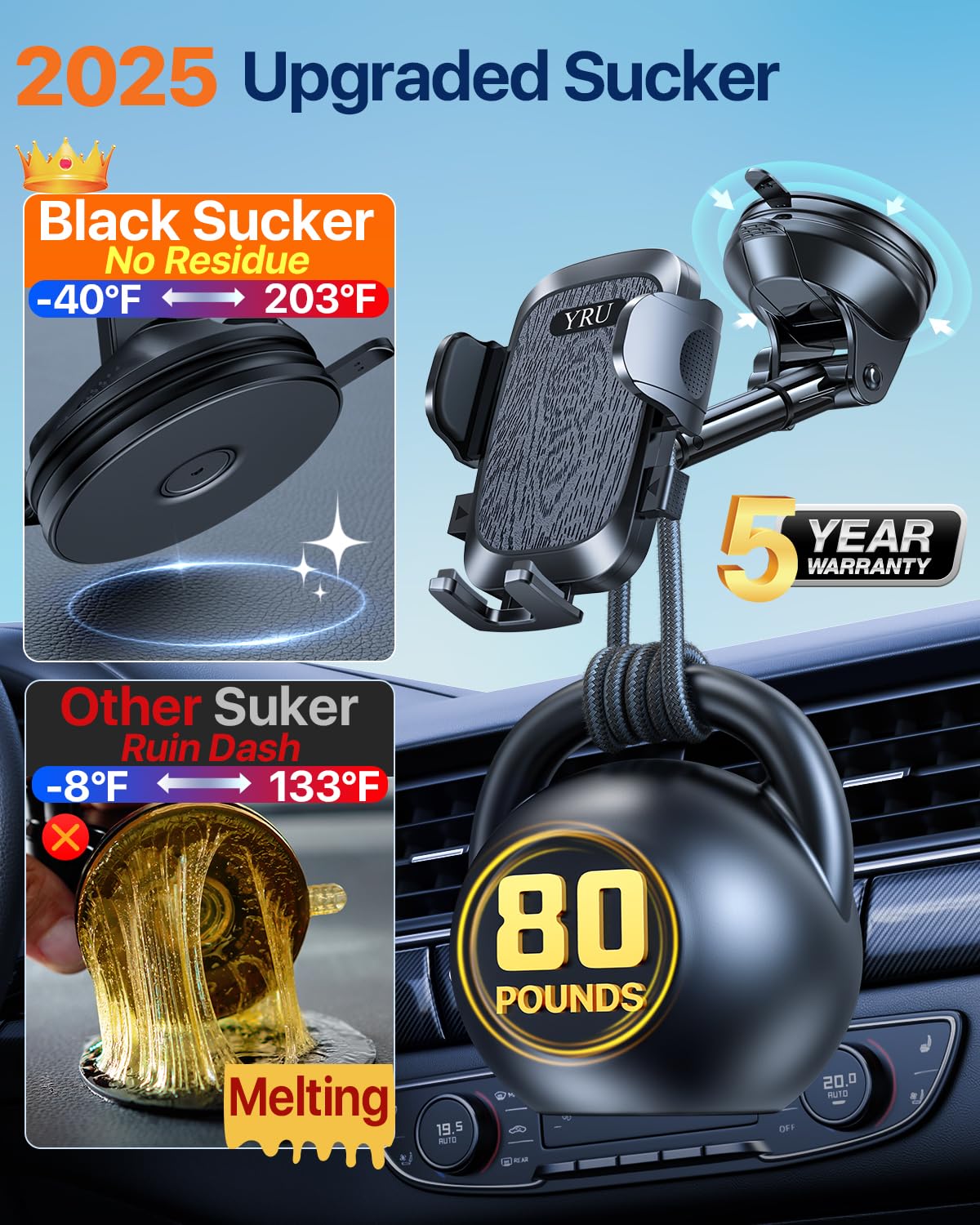?True Military-Grade?Yru Car Phone Holder?Upgraded Strongest & Rotatable Suction Cup?Cell Phone Mount For Dashboard Windshield,