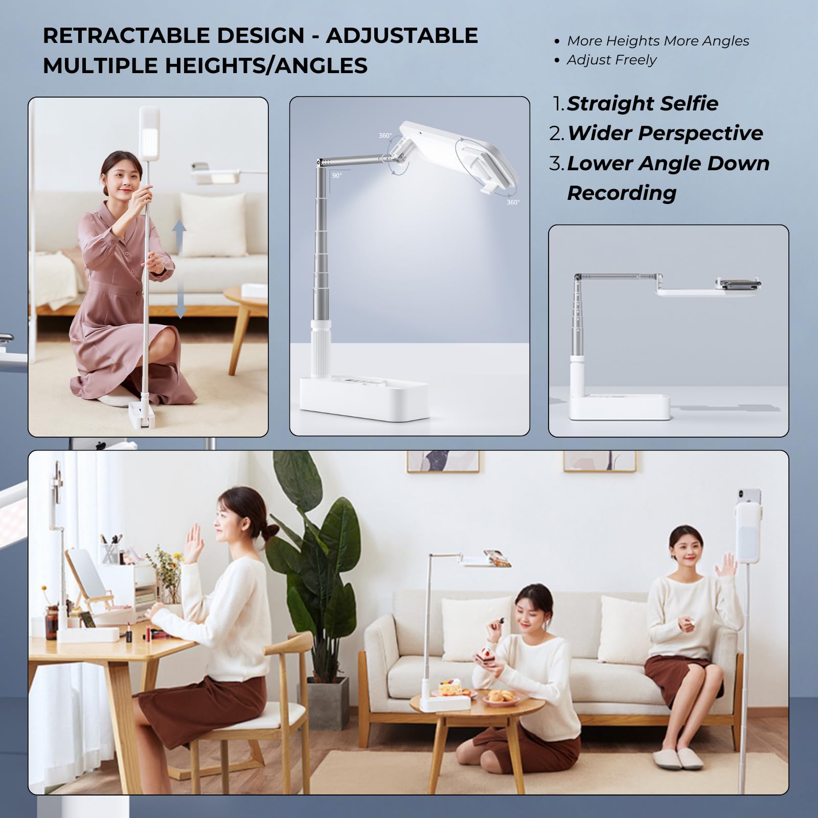 Beyonday Foldable Phone Holder For Recording, Selfie Stand With Rechargeable Led Light&Wireless Remote Control 360 Rotatable Ret