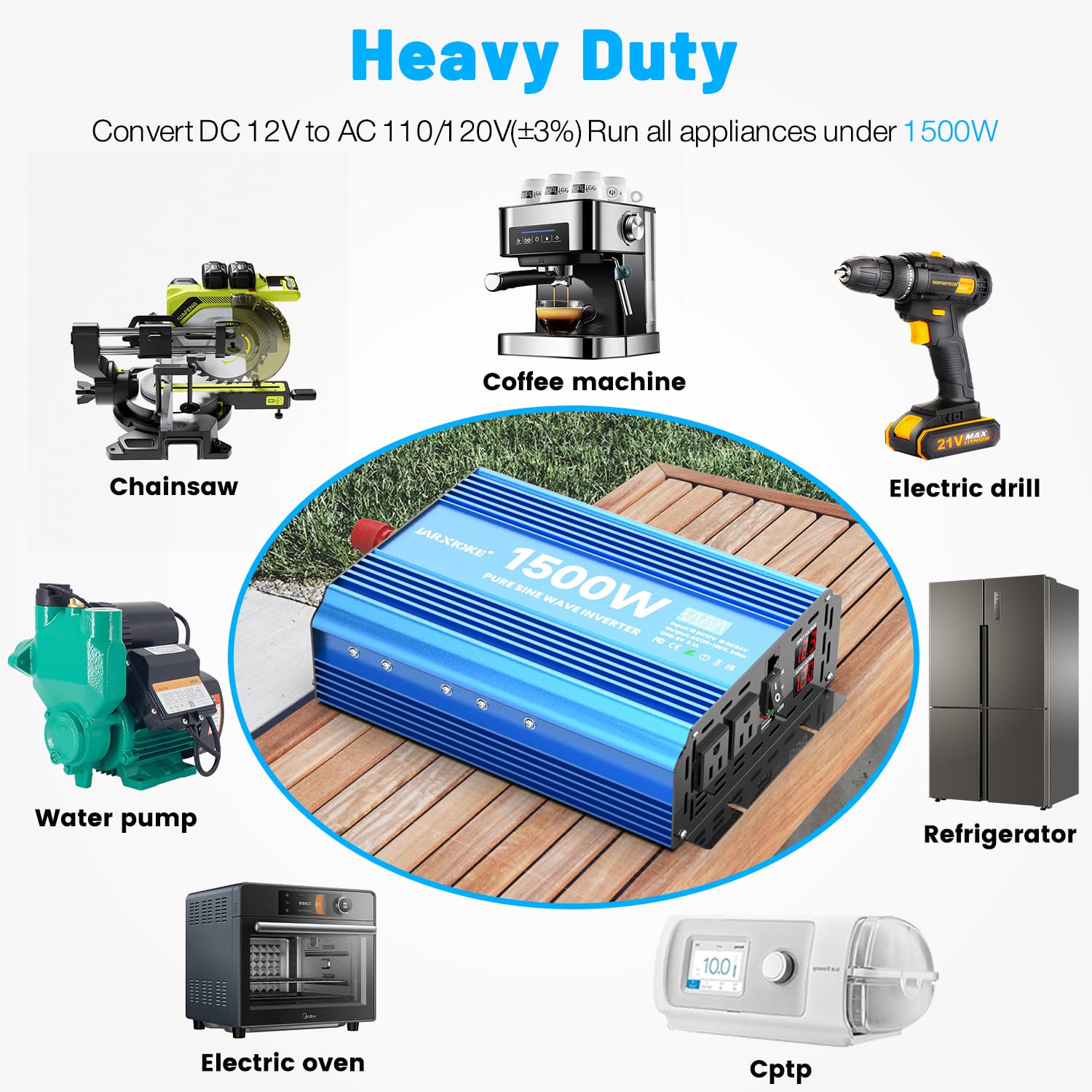 Jarxioke 1500 Watt Pure Sine Wave Power Inverter, 12 Vdc To 110 Vdc To 120 Vdc, For Home, Rv And Off-Grid Solar Systems, With 2