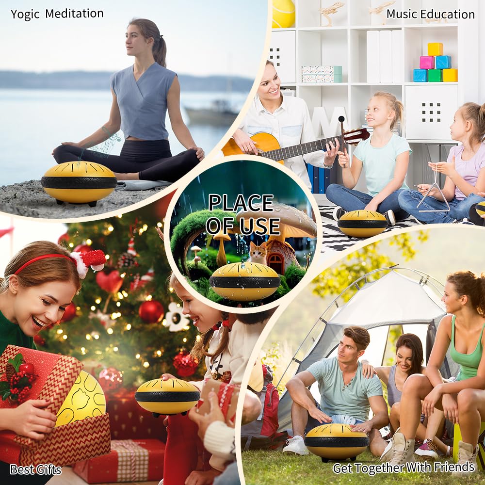 Steel Tongue Drum 6 Inche 11 Note Steel Drums Rain Chime,Raindrop Drum,Rain Drum For Outside Garden(Yellow)