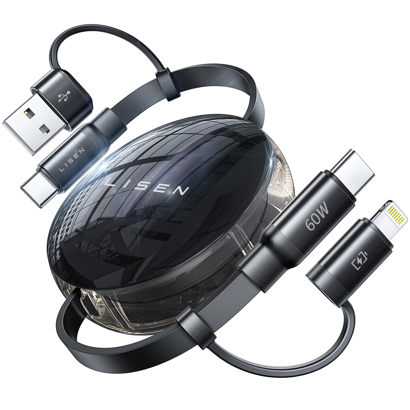 Lisen Retractable Charger, 60W Pd3.0 Fast Retractable Phone Wall Plug, 5 In 1 Retractable Lightning Cable For Macbook Pro Air, S