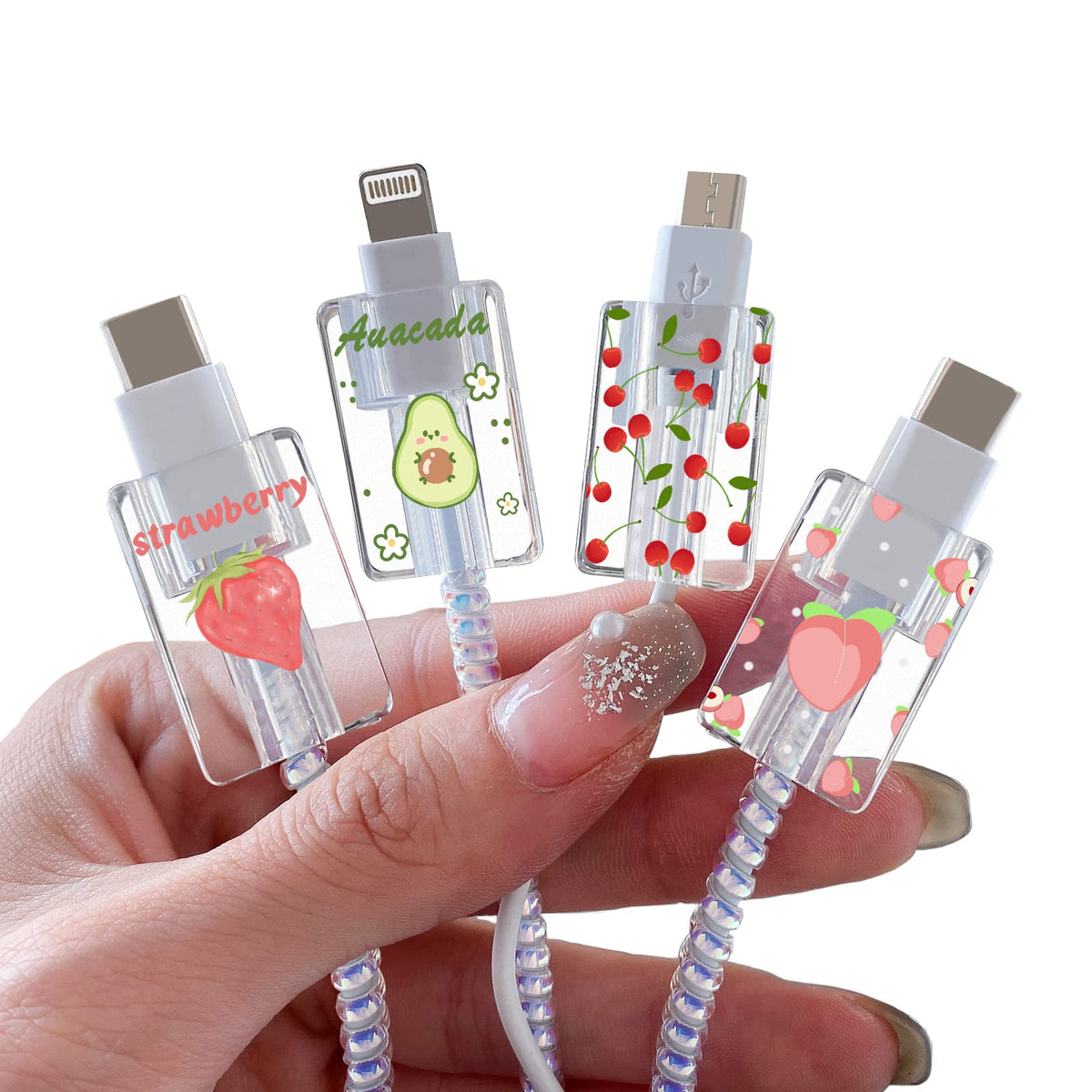 Cute Fruit Cable Protector For Iphone Charger,Kawaii Avocado Pink Strawberry Cherry Peach Pattern Phone Cable Bite Protector,Cha