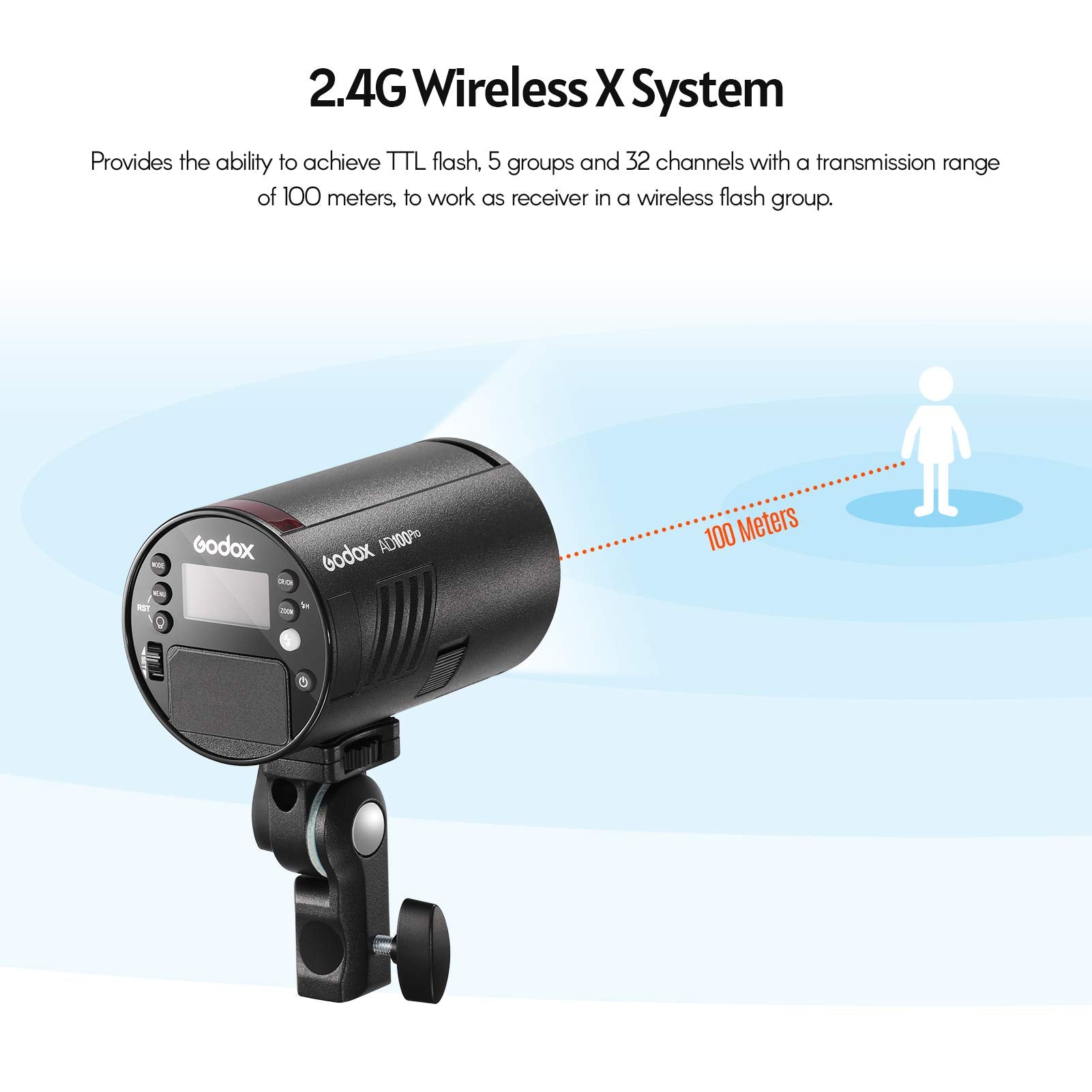 Godox Ad100Pro Pocket Studio Flash Light Photography Light Oled Screen 5800K 1/8000S Sync Ttl/Multi/M Flash Built In 2.4G Wilrel