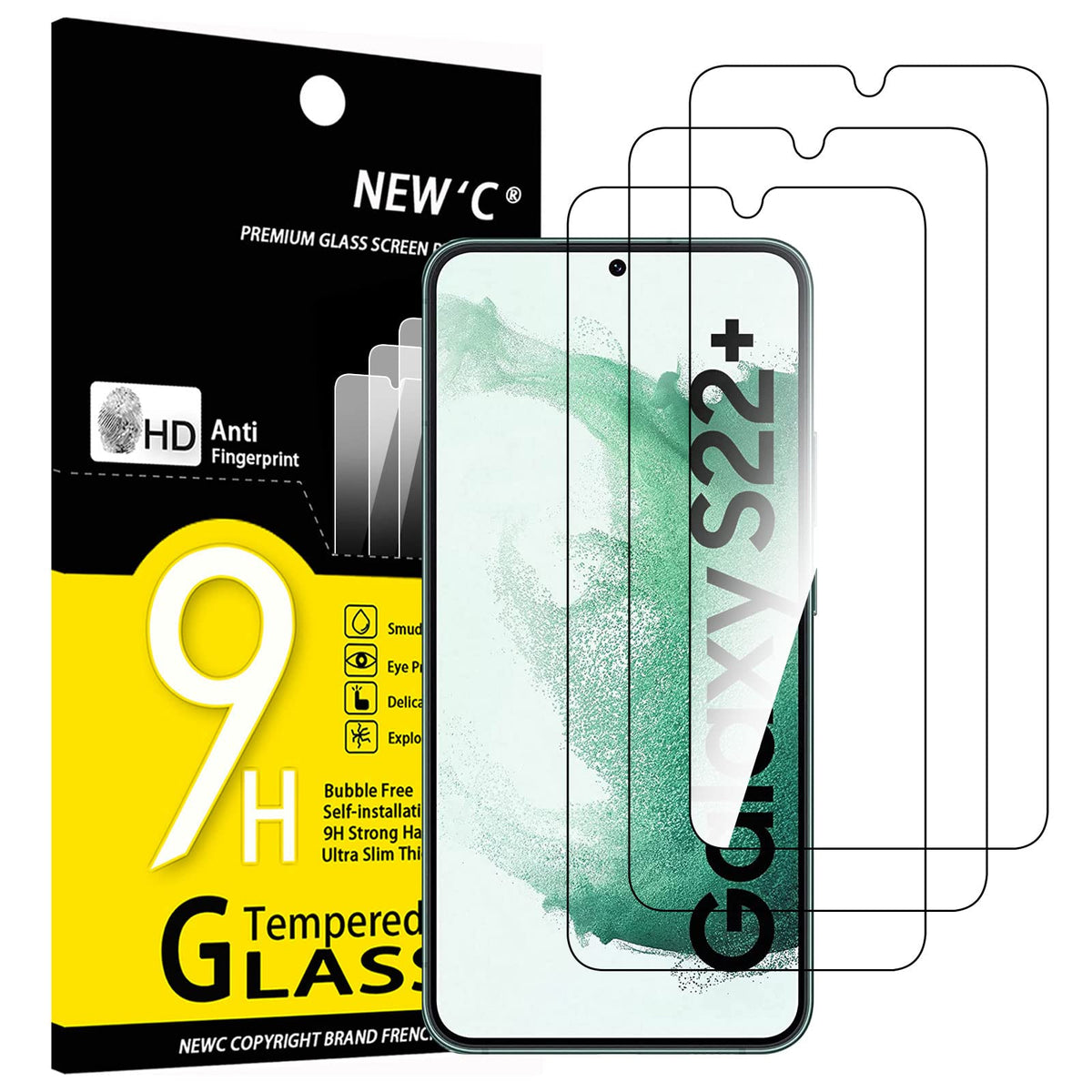 New'C Pack Of 3, Glass Screen Protector For Samsung Galaxy S22 Plus / S22 +, Anti Scratch, Anti Fingerprints, Bubble Free, 9H Ha
