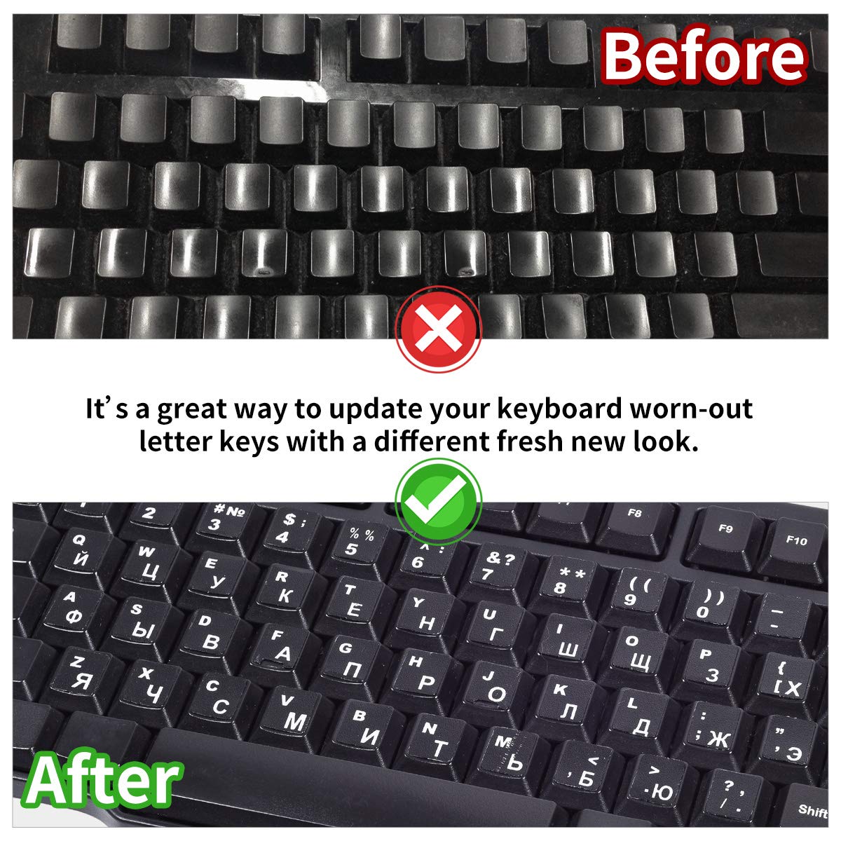 Russian Keyboard Stickers(2Pack), Russian Englsih Keyboard Letters Replacement Stickers White Font Black Background For Pc Compu