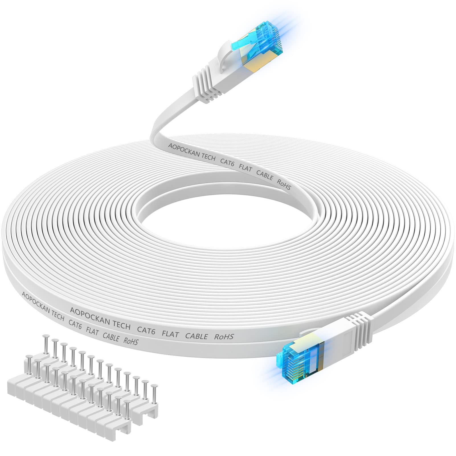 Cat 6 Ethernet Cable 75 Ft,Flat Internet Network Lan Patch Cords   Solid Cat6 High Speed Computer Wire With Clips & Snagless Rj4