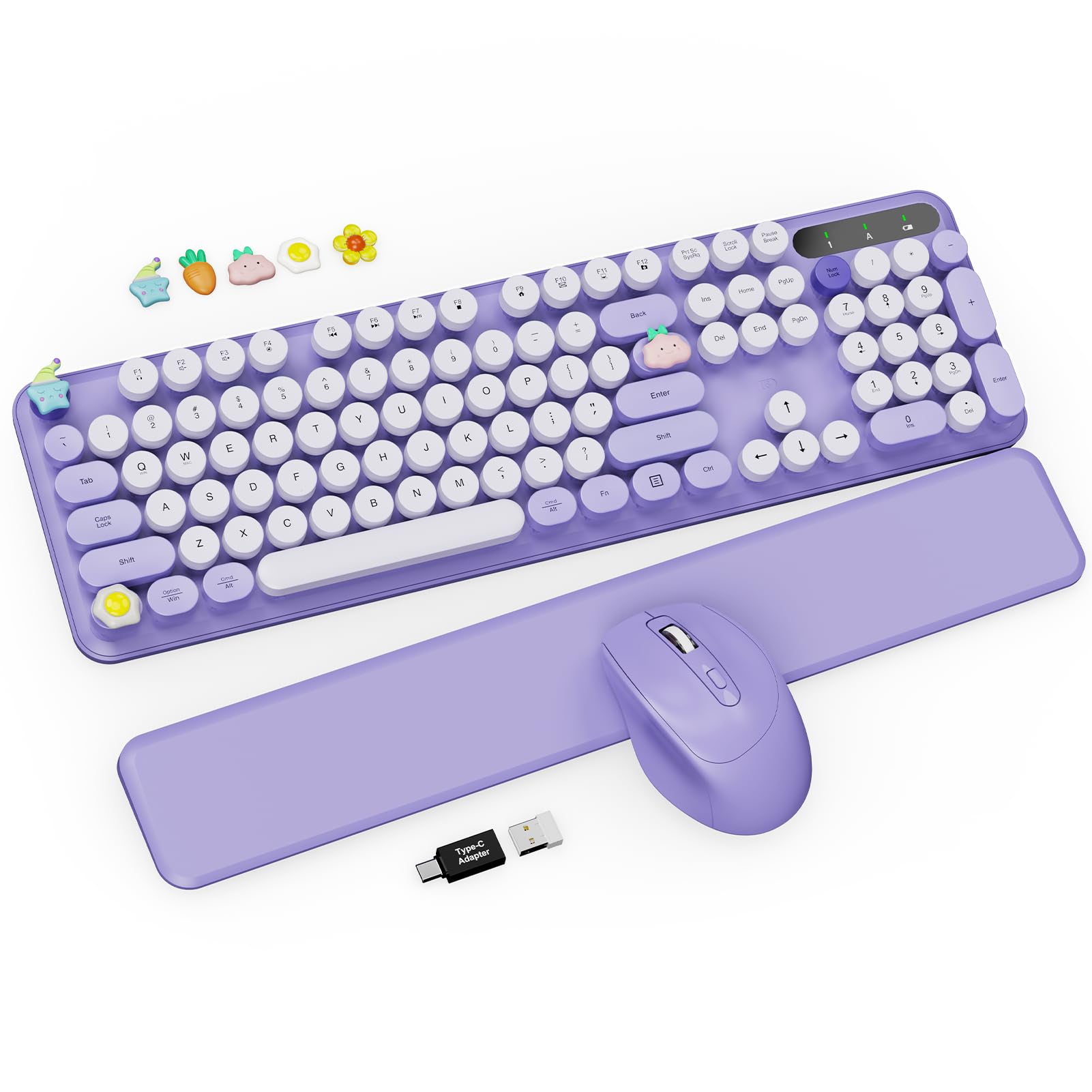 Wireless Keyboard and Mouse Combo - Cute Typewriter Keyboard with Detachable Wrist Rest, Retro Round Keycaps, Foldable Legs, 2.4