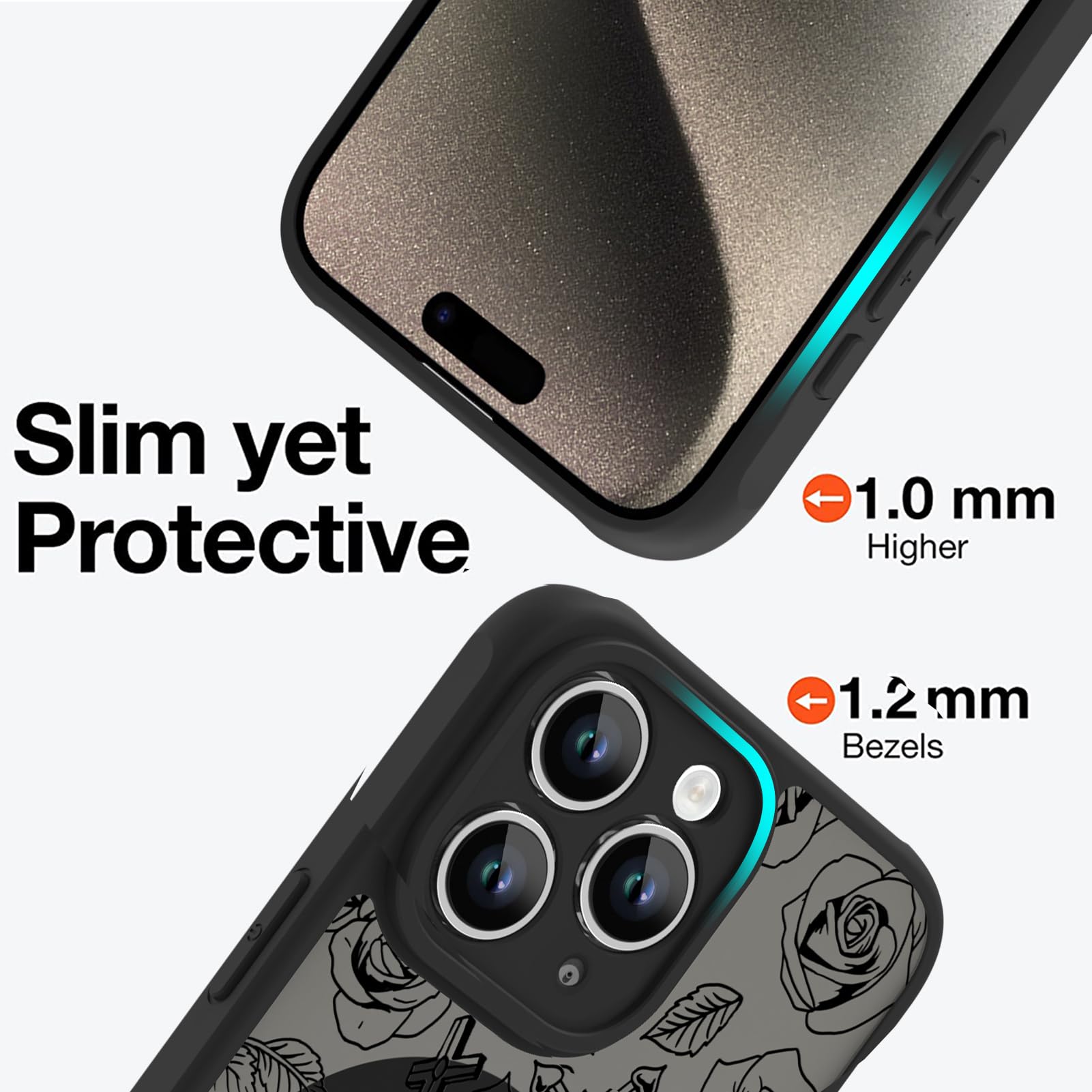 Ook Magnetic For Iphone 15 Pro Case Black Flower Skull Pattern [Compatible With Magsafe] Slim Translucent Matte Camera Lens Prot