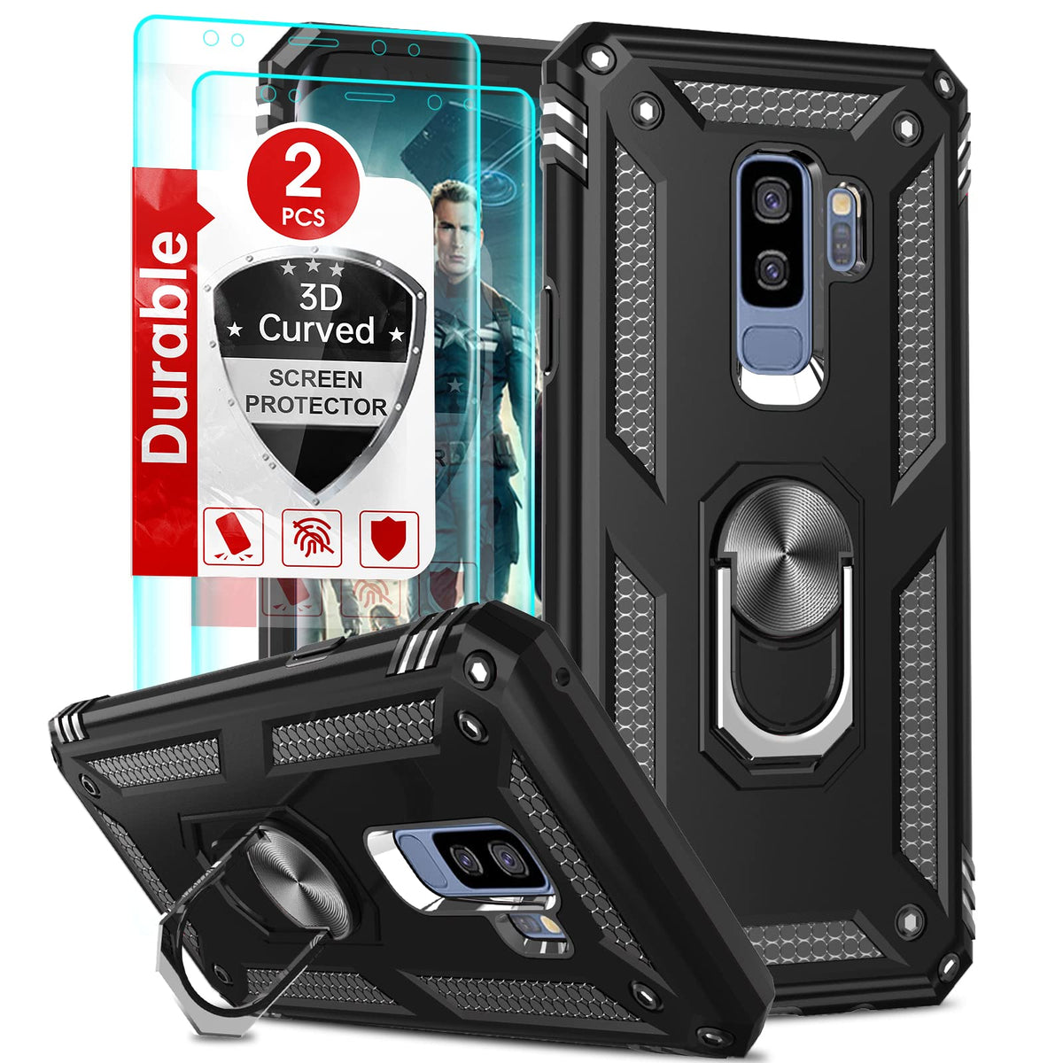 Leyi For Samsung Galaxy S9 Plus Case, Galaxy S9+ Plus Case With [2 Pack] 3D Curved Screen Protector, [Military Grade] Magnetic R