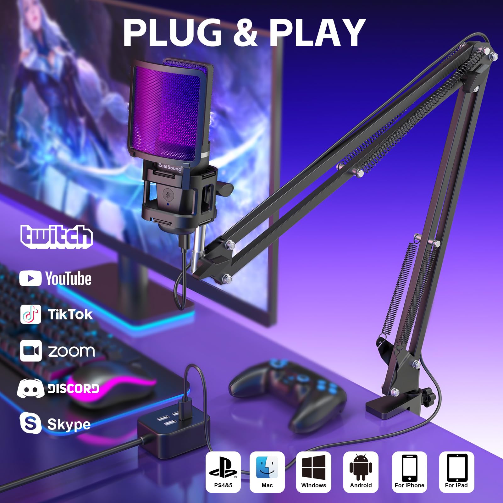 Zealsound Gaming Usb Microphone,Noise Cancellation Condenser Mic,Rgb Microphone With Mute,Gain,Monitoring,Boom Arm,Pop Filter Fo