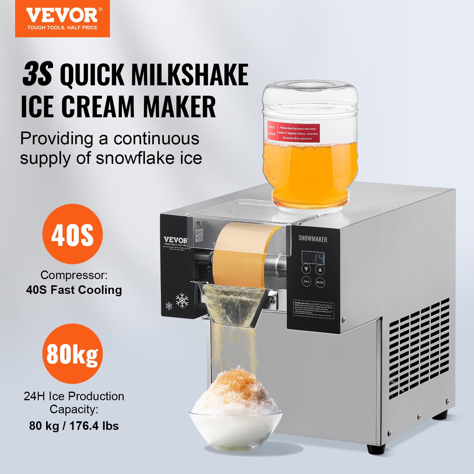 Vevor Commercial Snowflake Ice Machine, 176.4Lbs/24H Snowflake Ice Maker, Stainless Steel Ice Shaver Machine, Electric Snow Cone