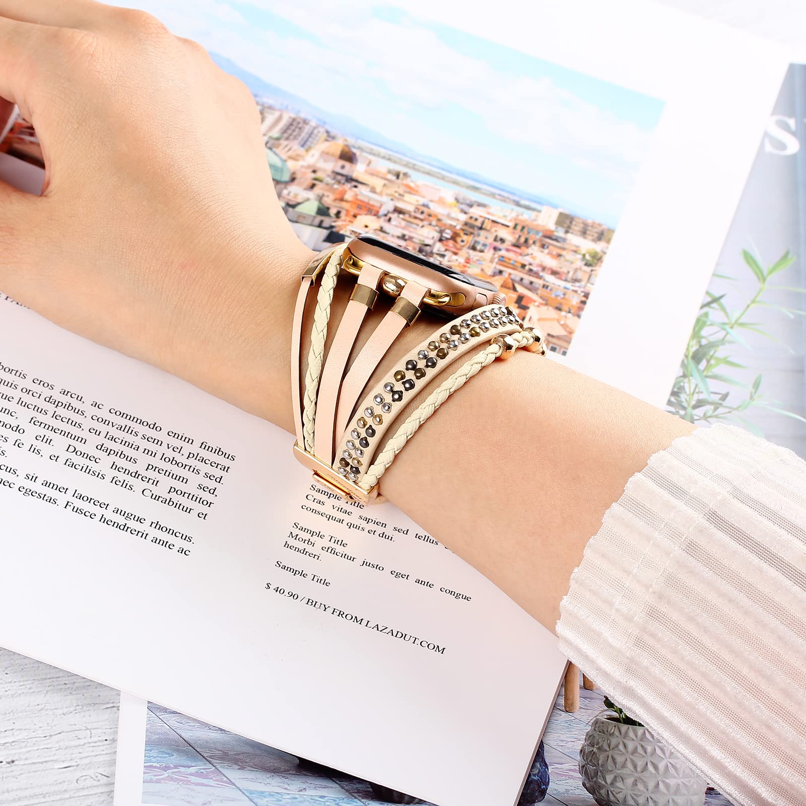 Wingoden Leather Bands Compatible With Apple Watch Band Bracelet 38Mm 40Mm 41Mm For Women Men, Boho Multilayer Wrap Rivet Studde