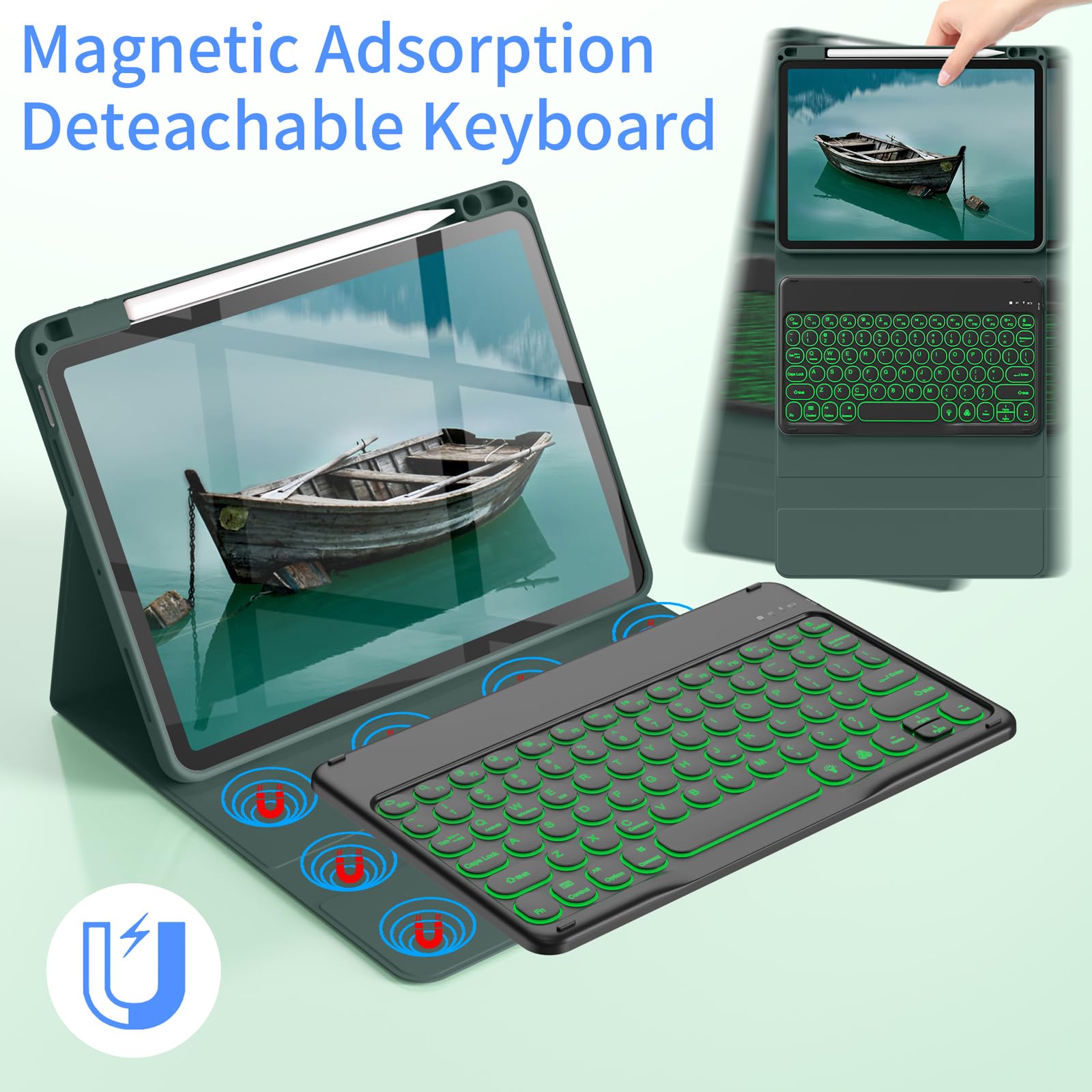 Aoub Keyboard Case For Ipad Air 11 Inch M2 2024, Ipad Air 5Th/4Th Gen 2022/2020, 7 Color Backlit, Folio Detachable Wireless Blue