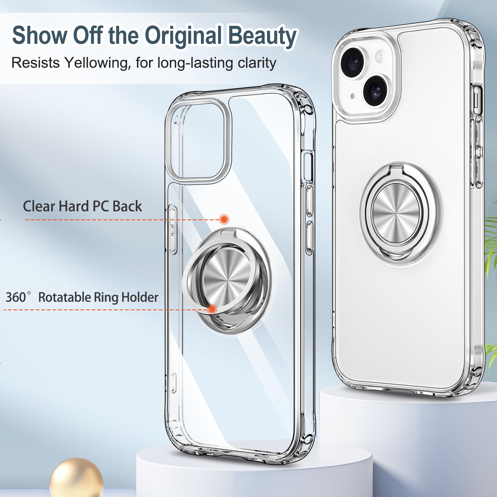 Hython Clear For Iphone 15 Plus Case With Ring Stand [360 Rotatable Ring Holder Magnetic Kickstand] [Support Car Mount] Transpar
