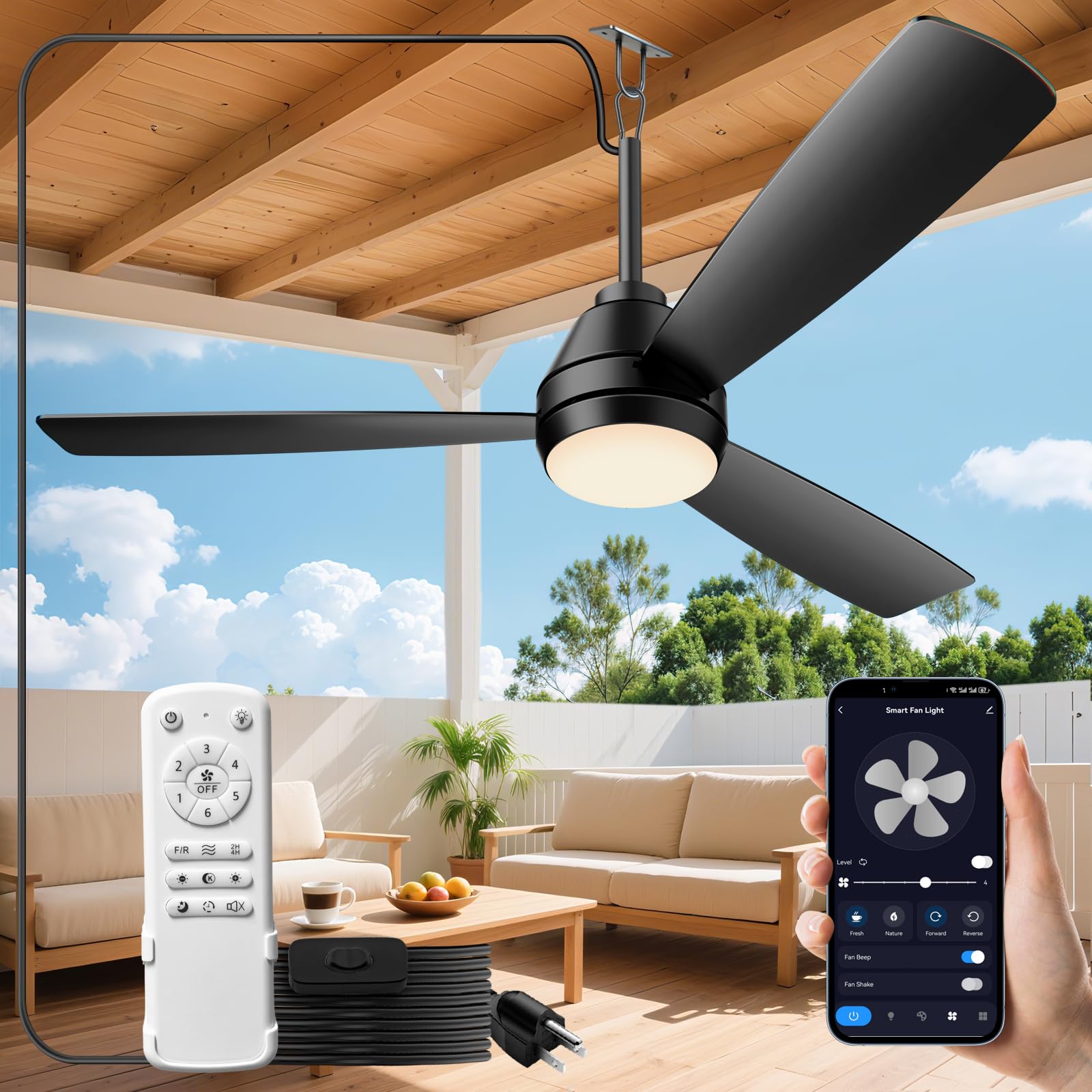 PBLALA 52 Outdoor Ceiling Fans with Lights,Plug in Ceiling Fan Light,Gazebo Fan Light,Hanging with Hook,50W,3CCT,App&Remote Cont