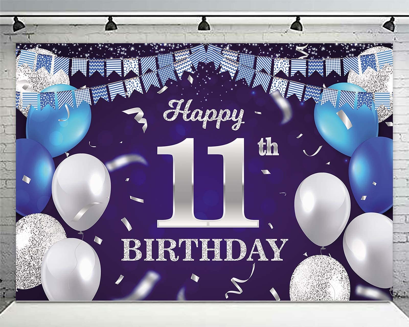 Happy 11Th Birthday Banner Backdrop Navy Blue Balloons Confetti Stripe Flag Light Spots Cheers To 11 Years Old Theme Decorations