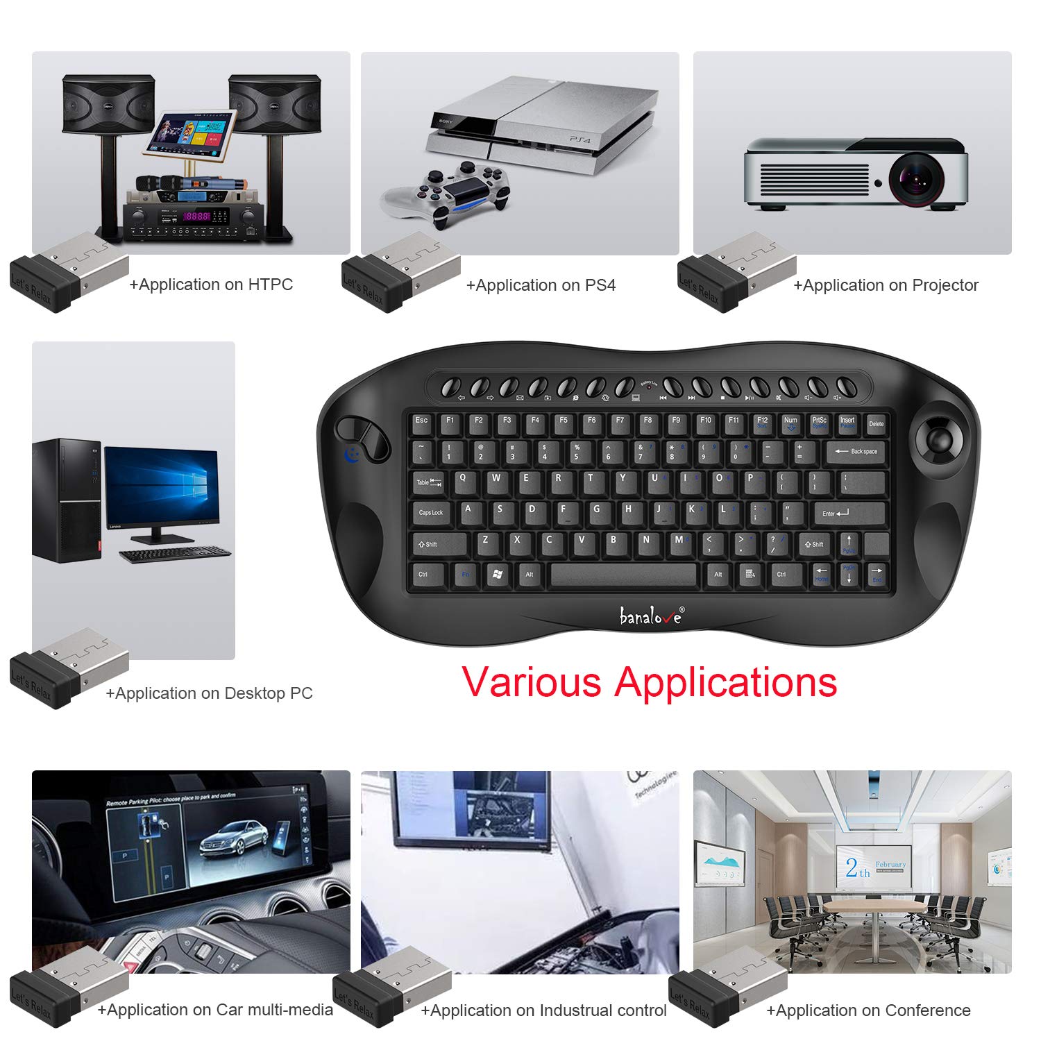 2.4Ghz Wireless Debounce Keyboard And Trackball Mouse Combo,Mini Portable Keyboard With Built In Mouse Combination,Htpc Home The