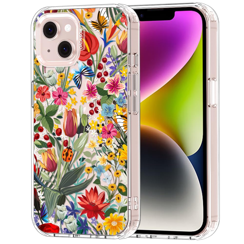 MOSNOVO for iPhone 13/14 Case | Military Grade 6.6ft Drop Tested | Clear with in The Garden Design