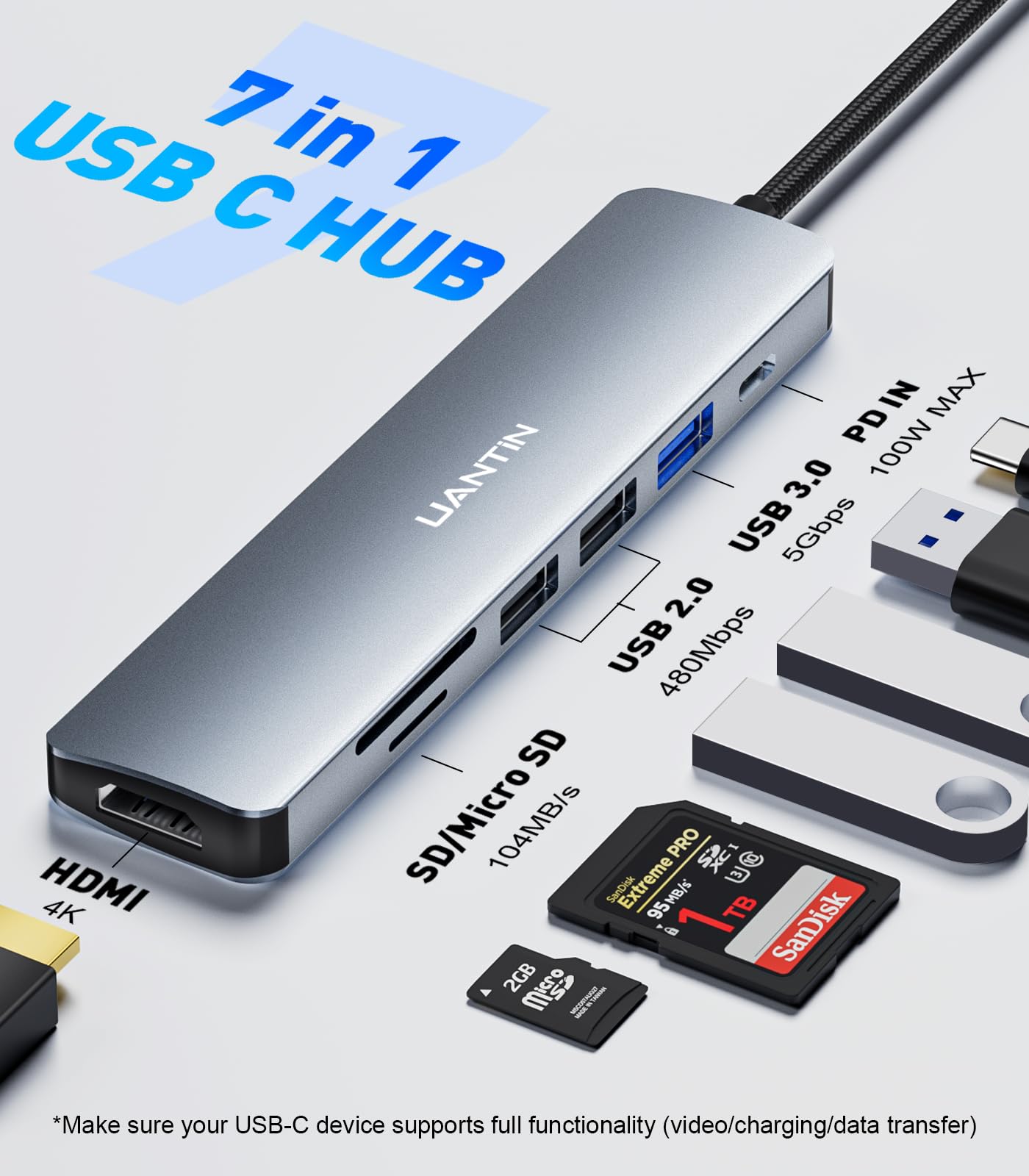 Uantin Usb C Hub 7 In 1 Multiport Adapter With 4K Hdmi Dongle, 100W Pd, Sd/Tf Card Reader, 3 Usb A, Usbc Docking Station For Mac