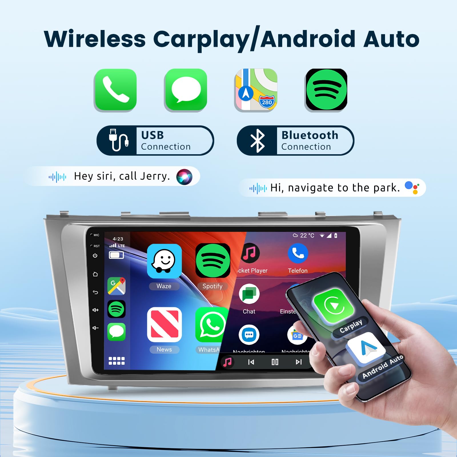 Podofo Android 13 Car Stereo For Toyota Camry 2006 2007 2008 2009 2011 With Wireless Carplay Android Auto, 9 Inch Touch Screen Car Radio Gps/Wifi/Bluetooth/Hifi Audio/Usb/Swc+Hd Backup Camera