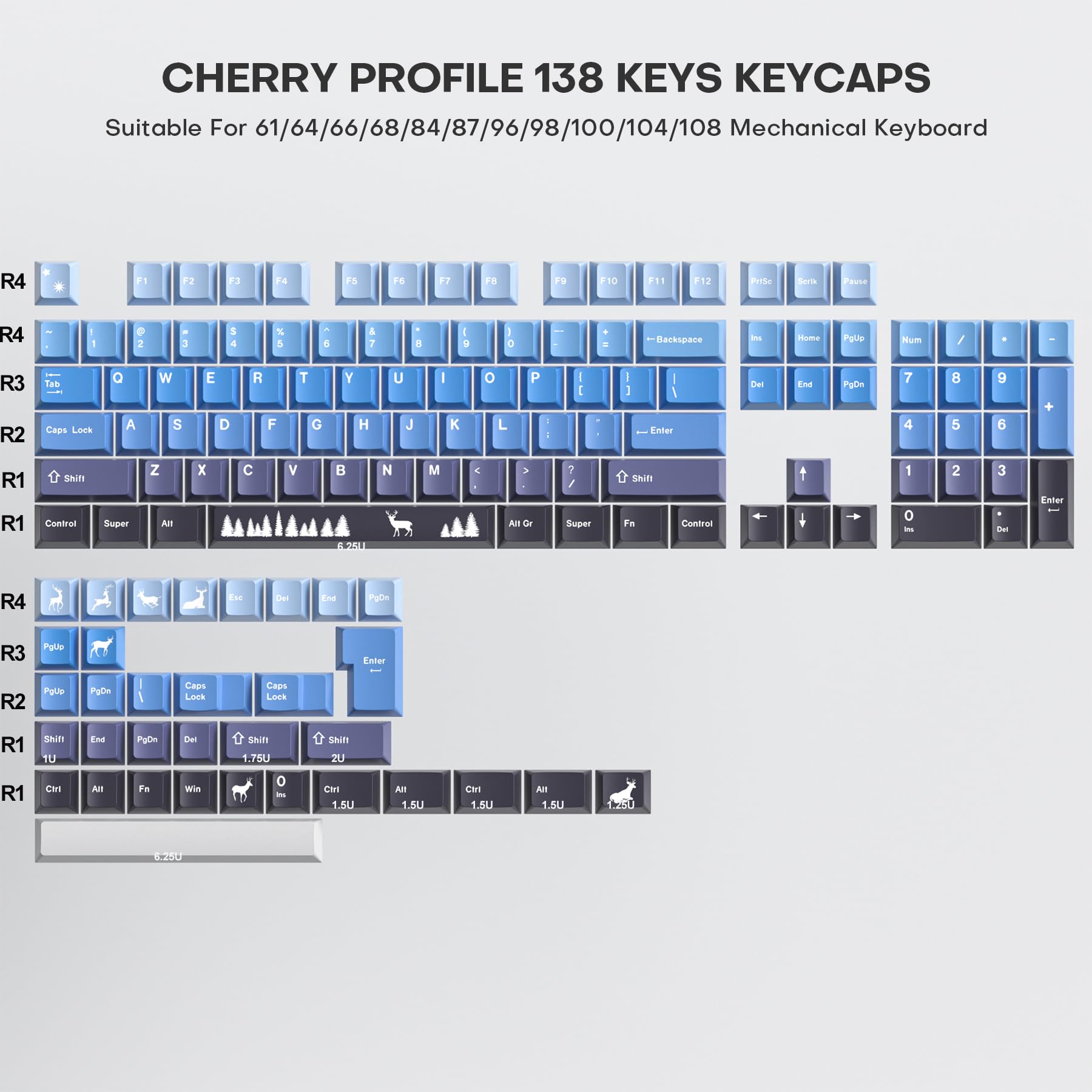 Fogruaden Pbt Gradient Blue Keycaps Dye Sublimation Cute Keycaps, Cherry Profile, 138 Keys Custom Keycaps Set For Cherry Gateron