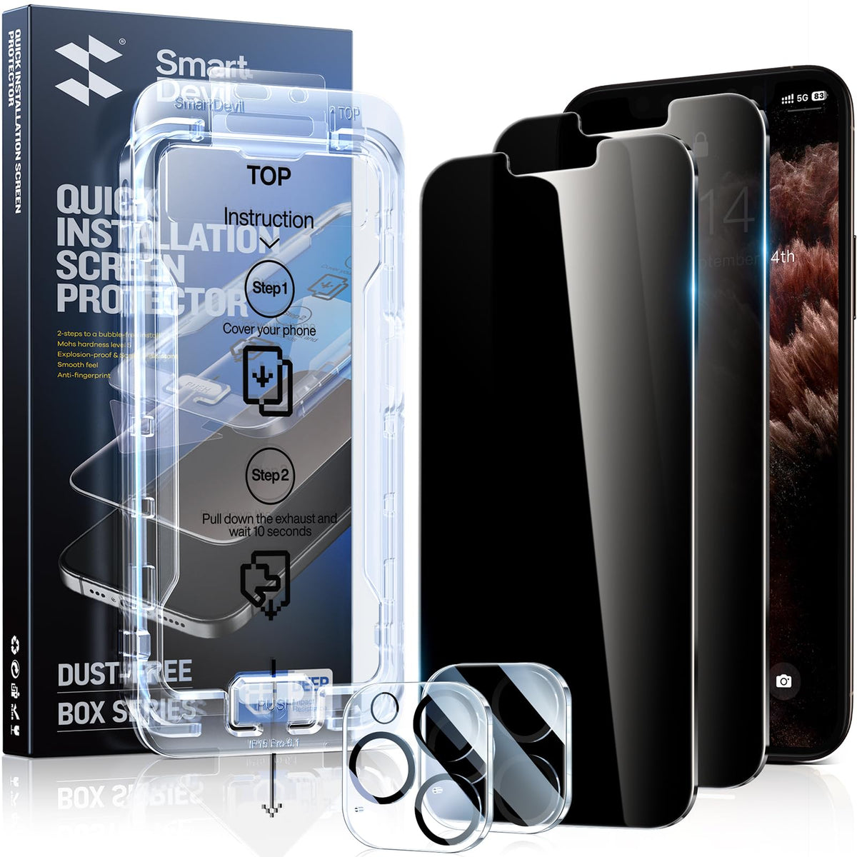 Smartdevil 2Pack For Iphone 11 Pro Privacy Screen Protector With 2Pack Camera Lens Protector, 9H Protection Anti-Spy Privacy Gla