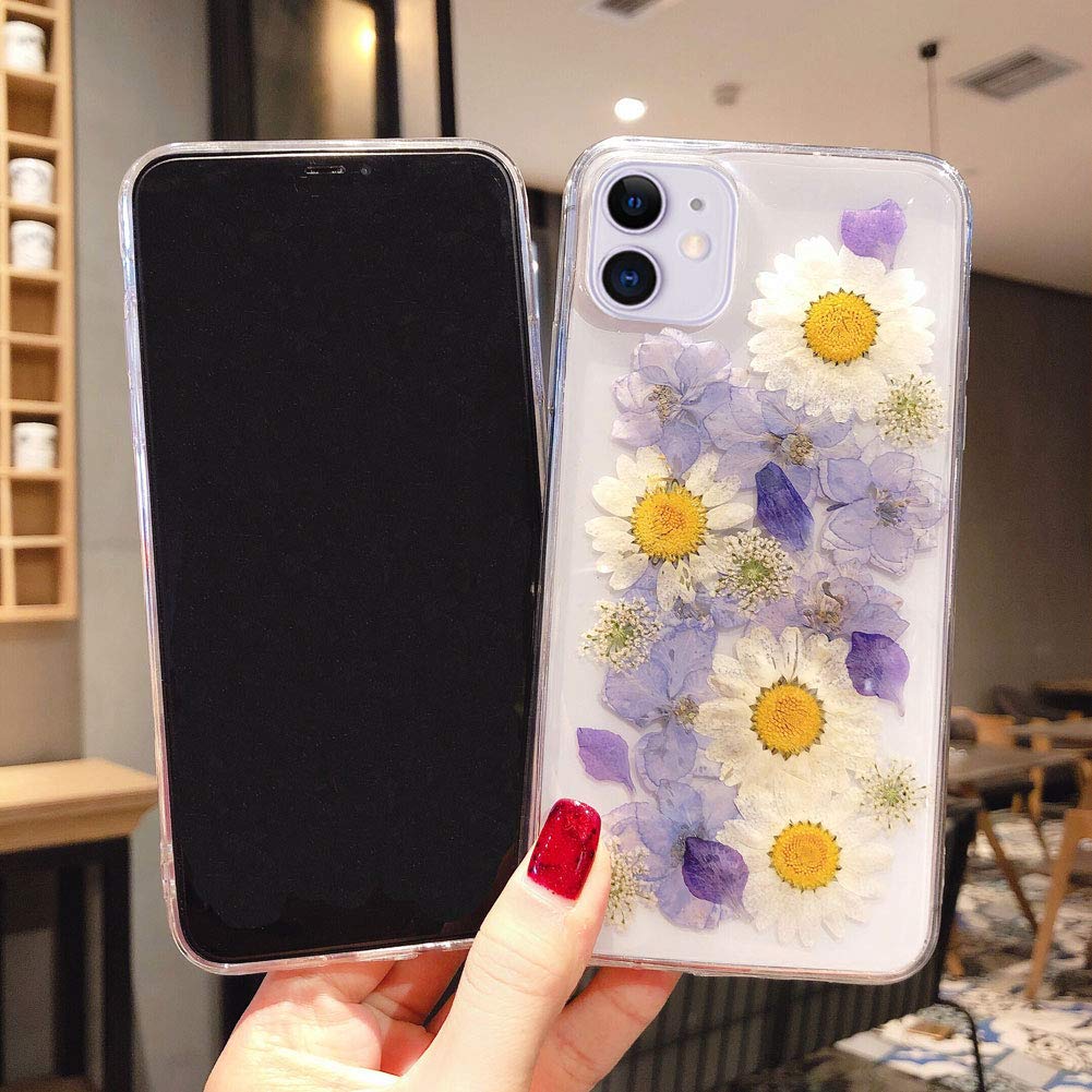 Abbery Designed For Iphone 11 Case Purple Flower Clear Design Cute For Women Girls Silicone Tpu Real Dried Pressed Floral Daisy
