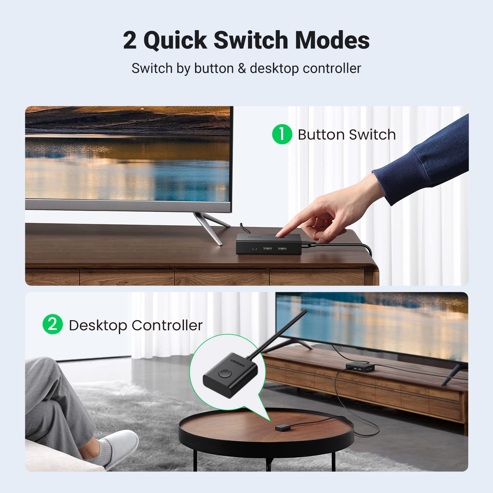 Ugreen Kvm Switch 1 Monitor 2 Computers, Share 4 Usb Ports, Hdmi Kvm Switch For Keyboard Mouse Printer To One Monitor Support 4K