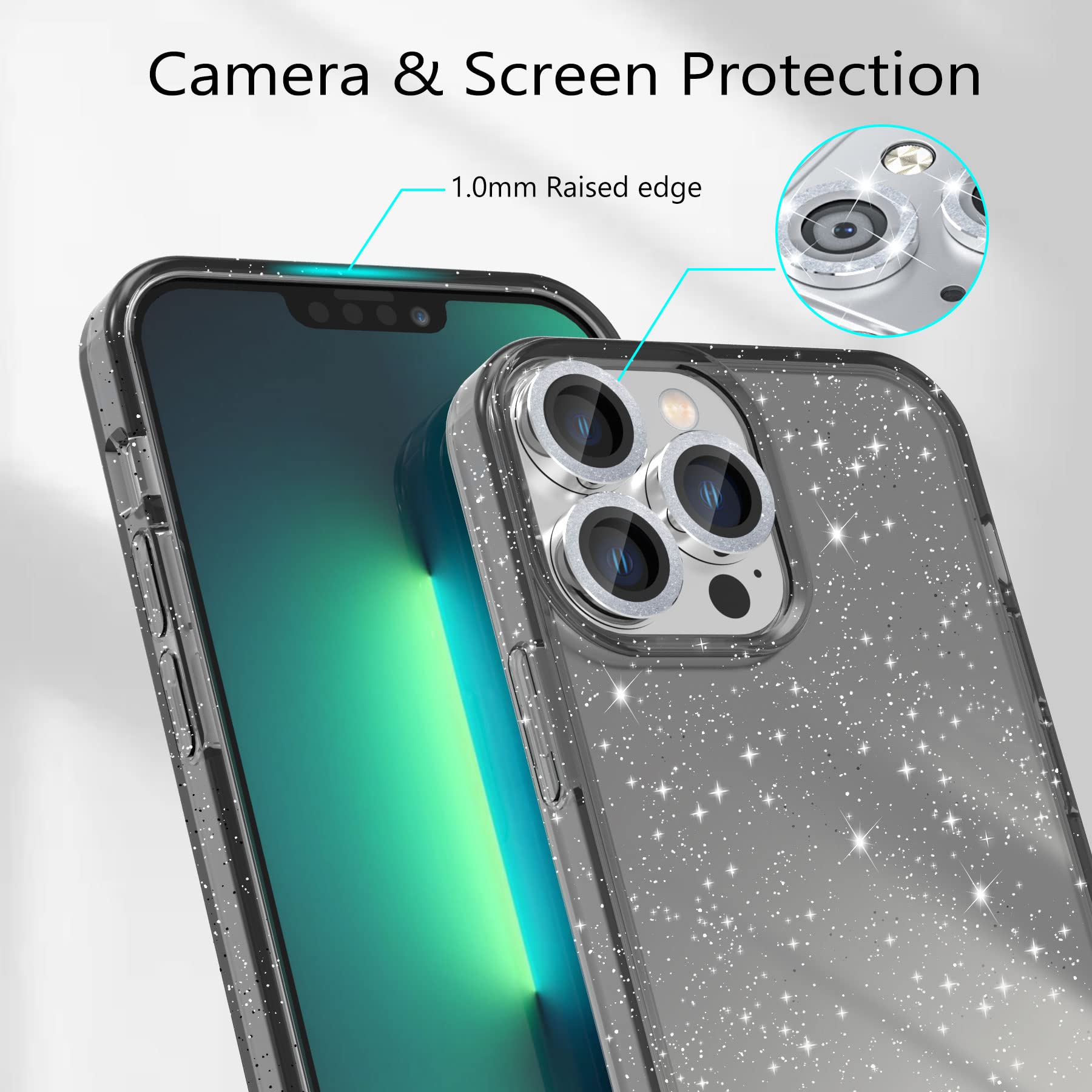 Jasmeas Design For Iphone 13 Pro Max Case Glitter, With [2 Pack] Screen Protector & [3 Pack] Camera Lens Protector Sparkle Pc Ha