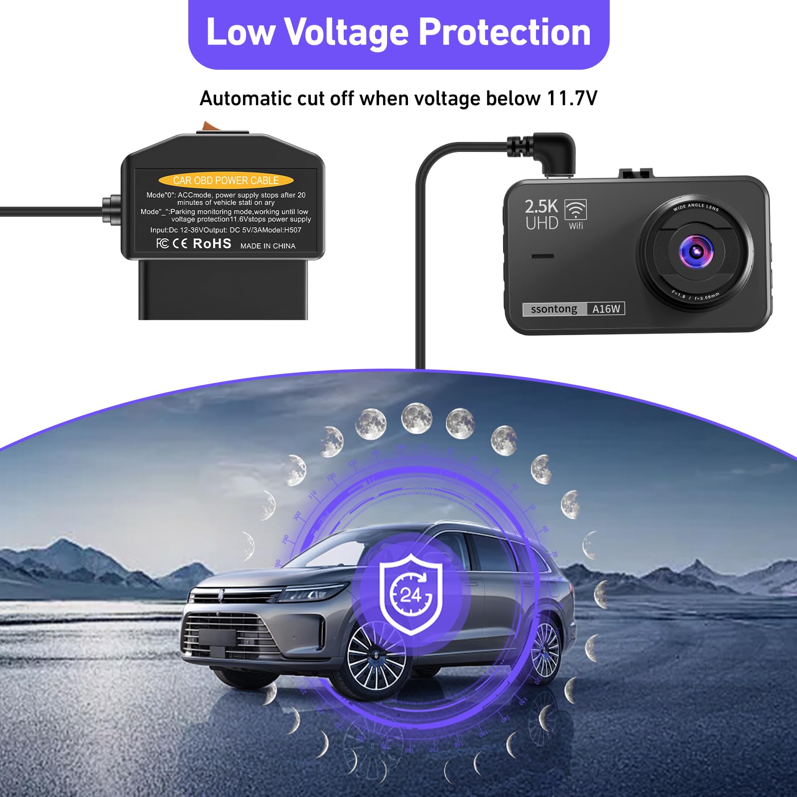 Obd2 Obd Power Cable For Dash Camera, Obd To Type C Usb Obdii Adapter Hardwire Charger Cable 24 Hours Surveillance And Acc Two M