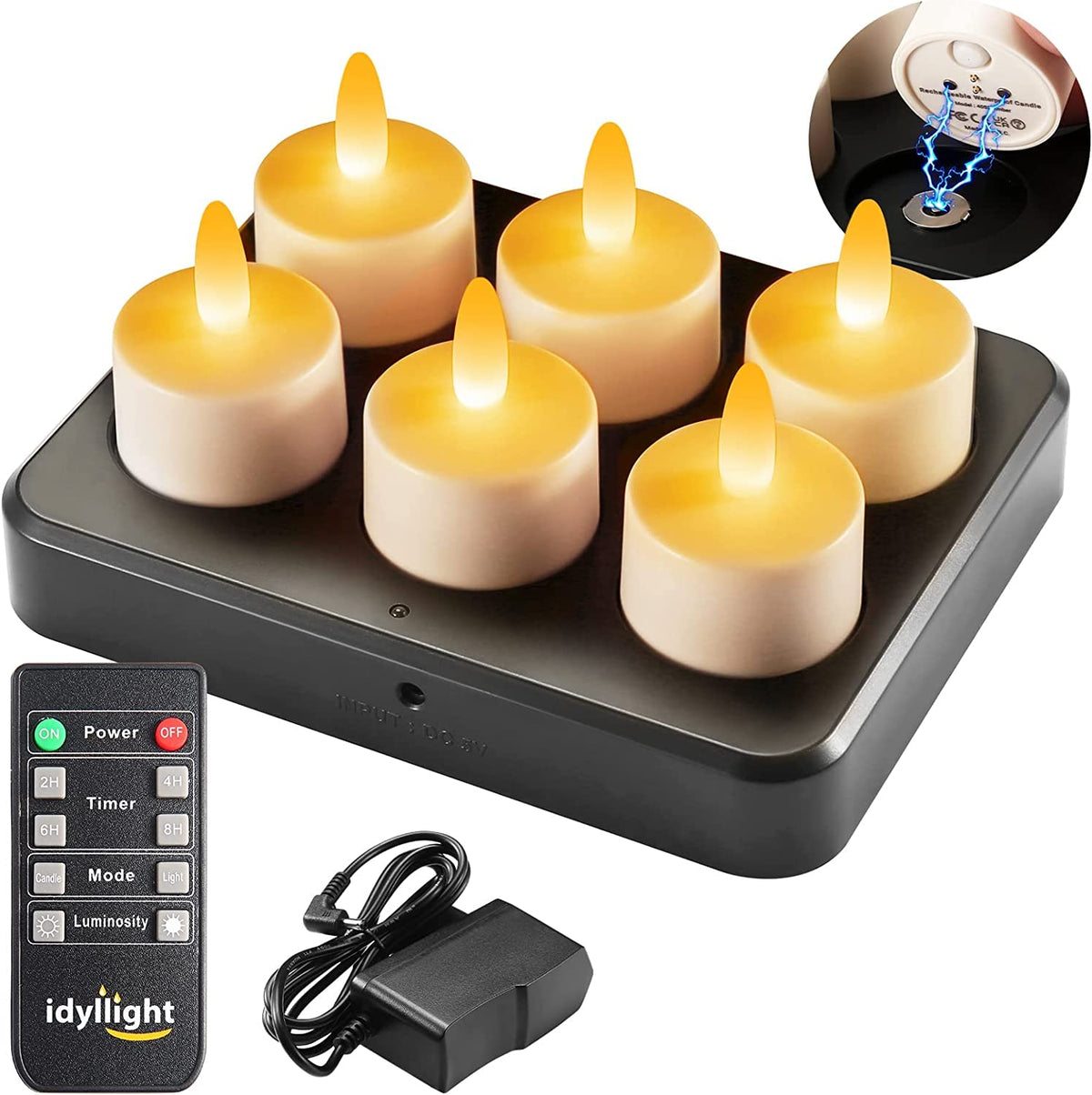 Idyl Light Rechargeable Tea Lights Candles With Remote Timer, 100 Hours Flameless Flickering Candles With Charging Base Waterpro