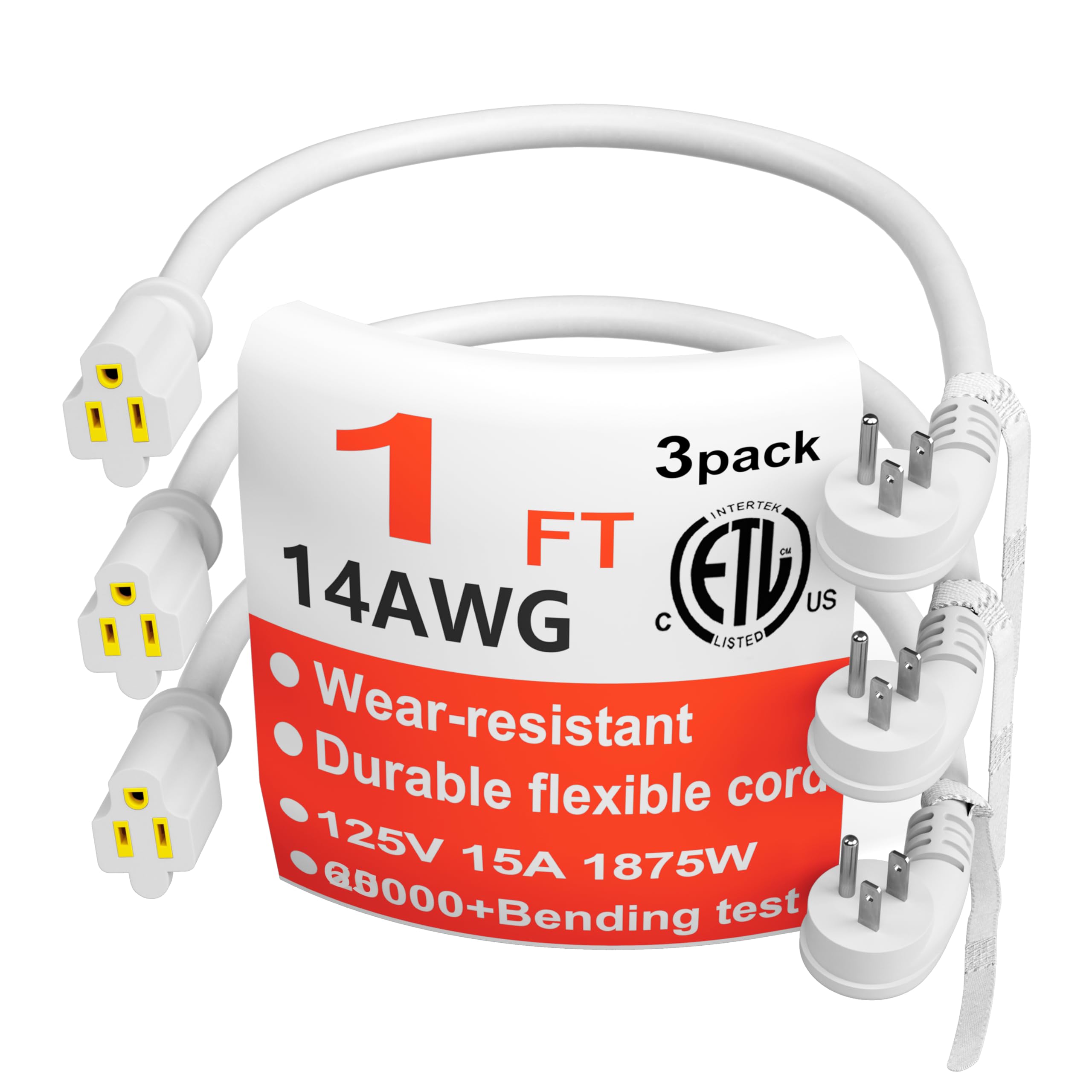 Huanchain 14 Gauge 1 Feet (3 Pack) Flat Plug Extension Cord White Indoor Outdoor, Heavy Duty 3 Prong Grounded Low Profile Extens