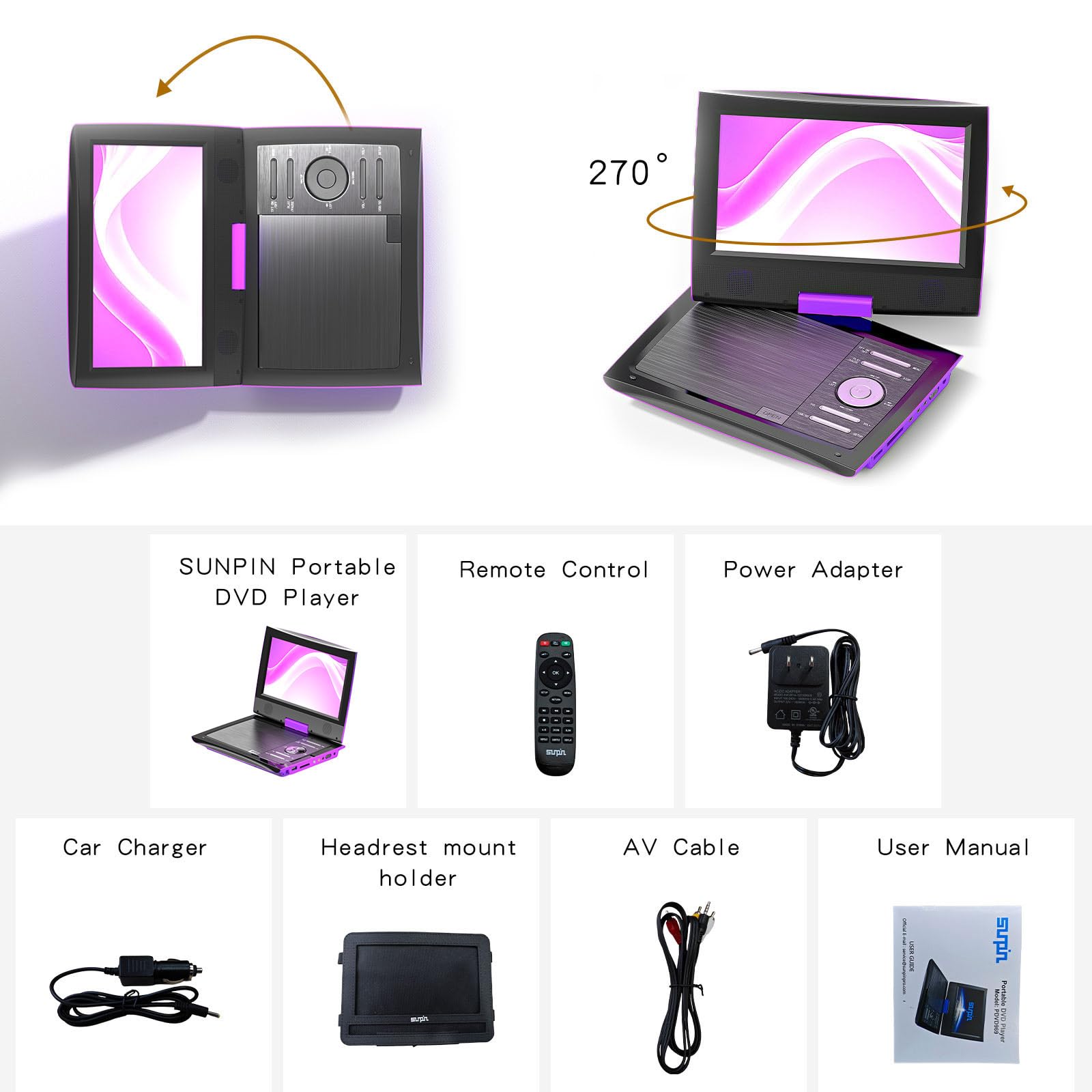 Sunpin New 11.5 Portable Dvd Player For Car And Kids, 9.5 Swivel Brightness Enhanced Screen, With Car Charger And Headrest Mount