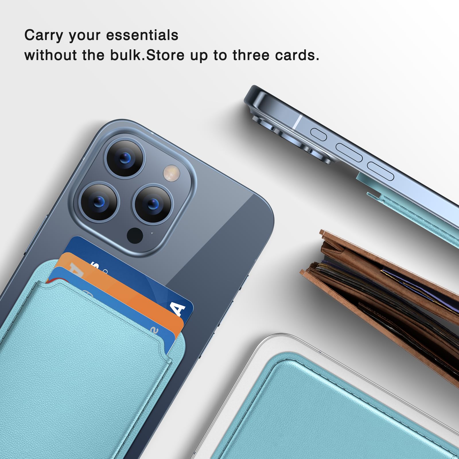 Miracase Magnetic Wallet, Compatible With Magsafe Wallet, 3 Card Holder, For Iphone 15/14/13/12 Series,Light Blue