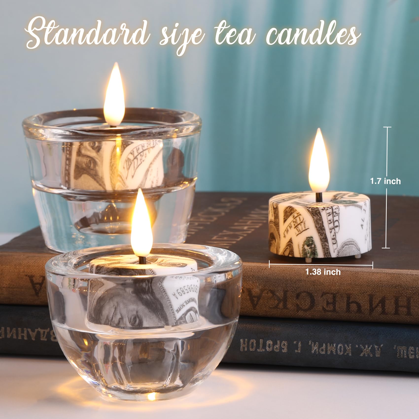 Eywamage Us Dollar Pattern Flameless Tealights With Remote Batterie, Flickering Plastic Led Tea Votive Candles Set Of 12