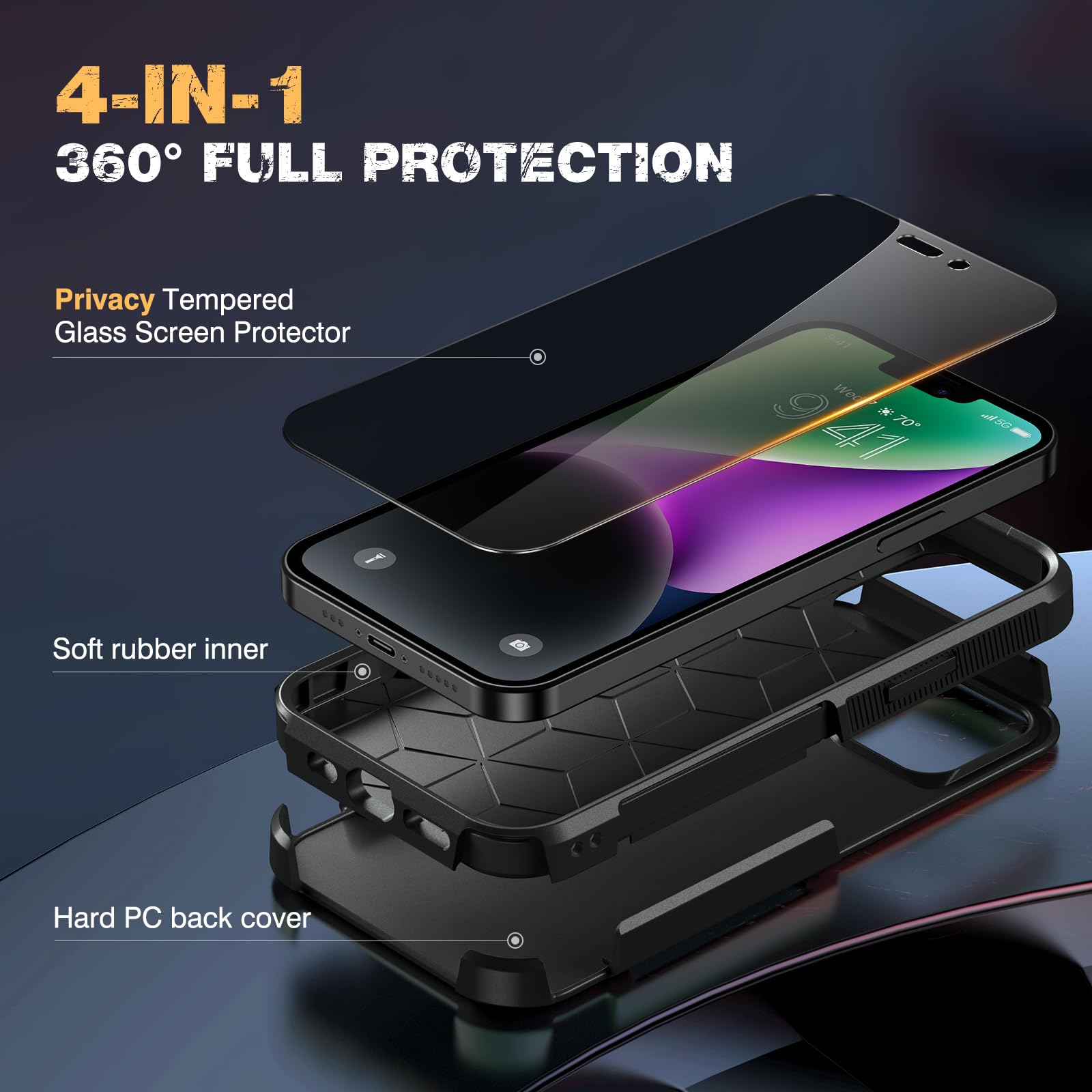 Diaclara Designed For Iphone 14 Case, [With Privacy Screen Protector] [Anti Spy] [Military Grade Drop Protection] Heavy Duty Ful