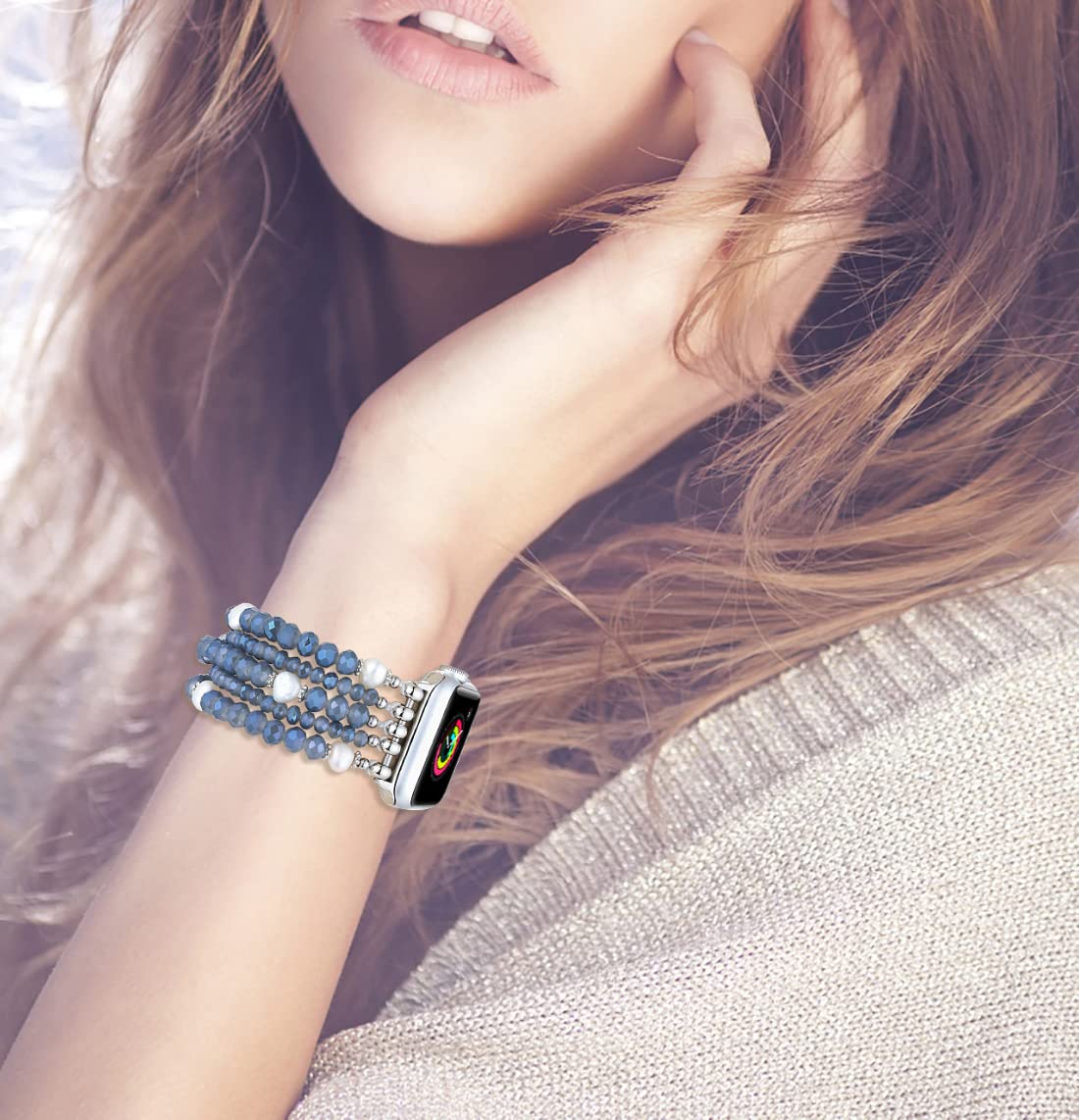 Fastgo Beaded Bracelet Band Compatible With Apple Watch 38Mm 41Mm 40Mm 44Mm 45Mm 42Mm 49Mm Series 7 Women, Pearl Elastic Stretch