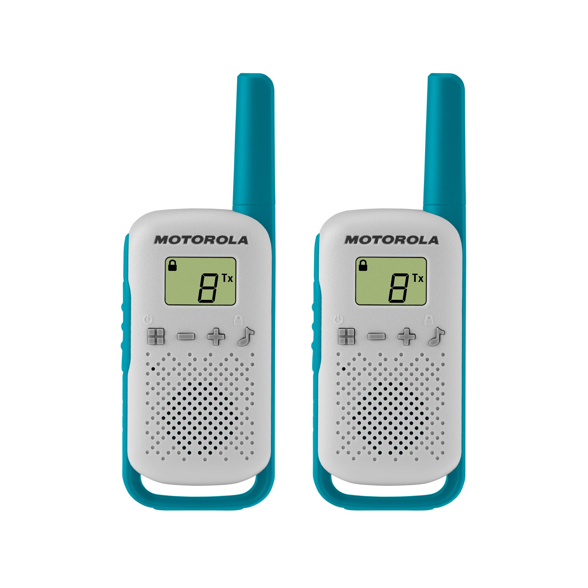 Motorola Solutions, Portable Frs, T114, Talkabout, Two Way Radios, Battery Operated, 22 Channel, 16 Mile, White/Blue, 2 Pack