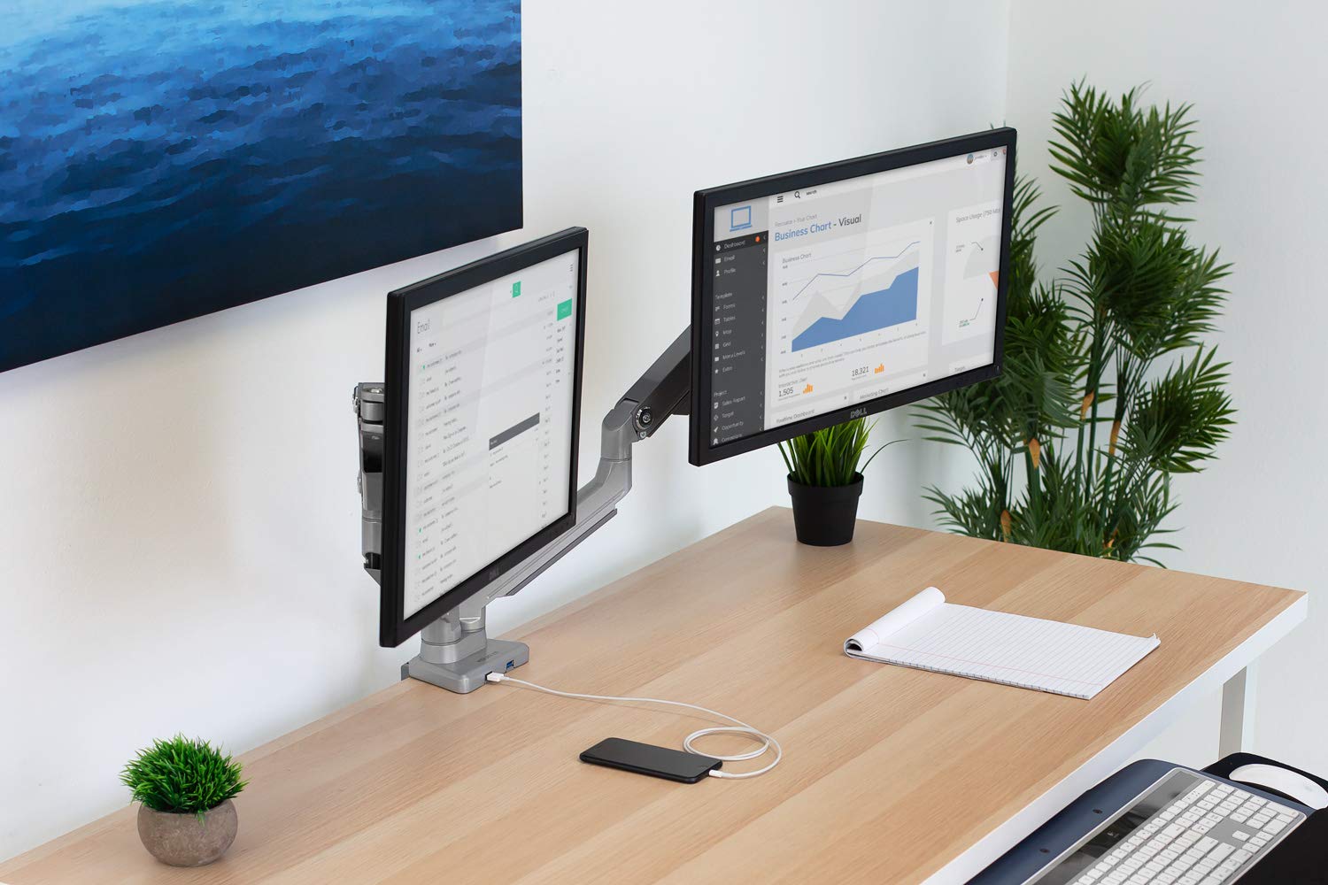 Mount It! Dual Monitor Arm Mount Desk Stand | 2 x 3.0 USB Ports | Articulating Mechanical Spring Height Adjustable | Fits Two 24 27 29 30 32 Inch VESA 75 100 Compatible Screens | C Clamp and Grommet