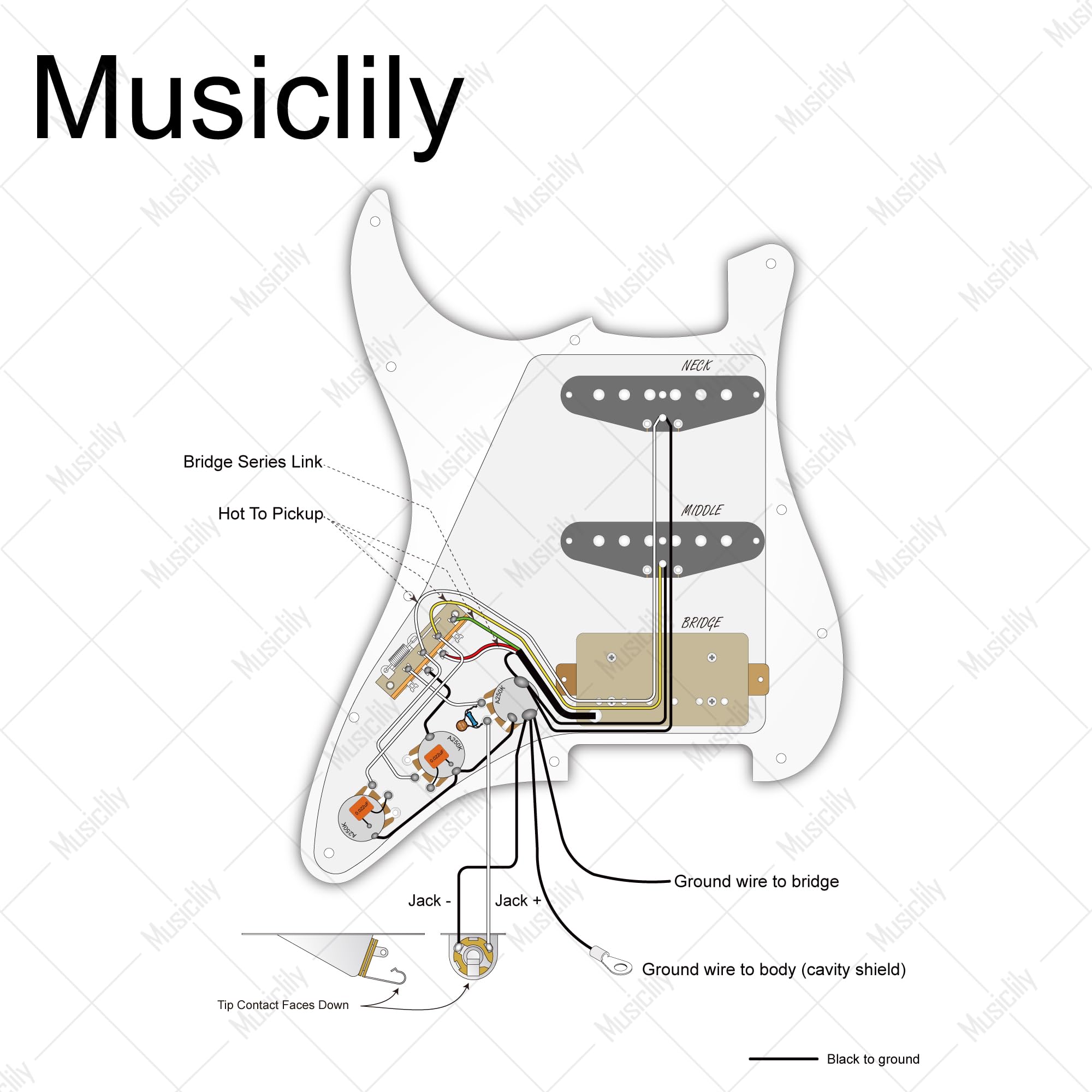 Musiclily Pro Guitar Auto Split Diy Wiring Kit Upgrade For American Style Strat Hss Stratocaster With 5 Way Switch And 3A250K Po