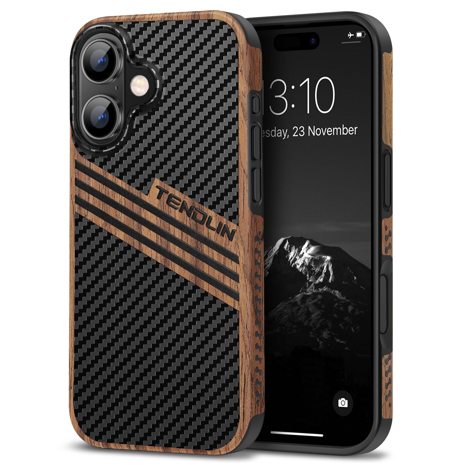 TENDLIN Compatible with iPhone 16 Phone Case Wood Grain with Carbon Fiber Texture Design Leather Hybrid Slim Case (Three Stripe)