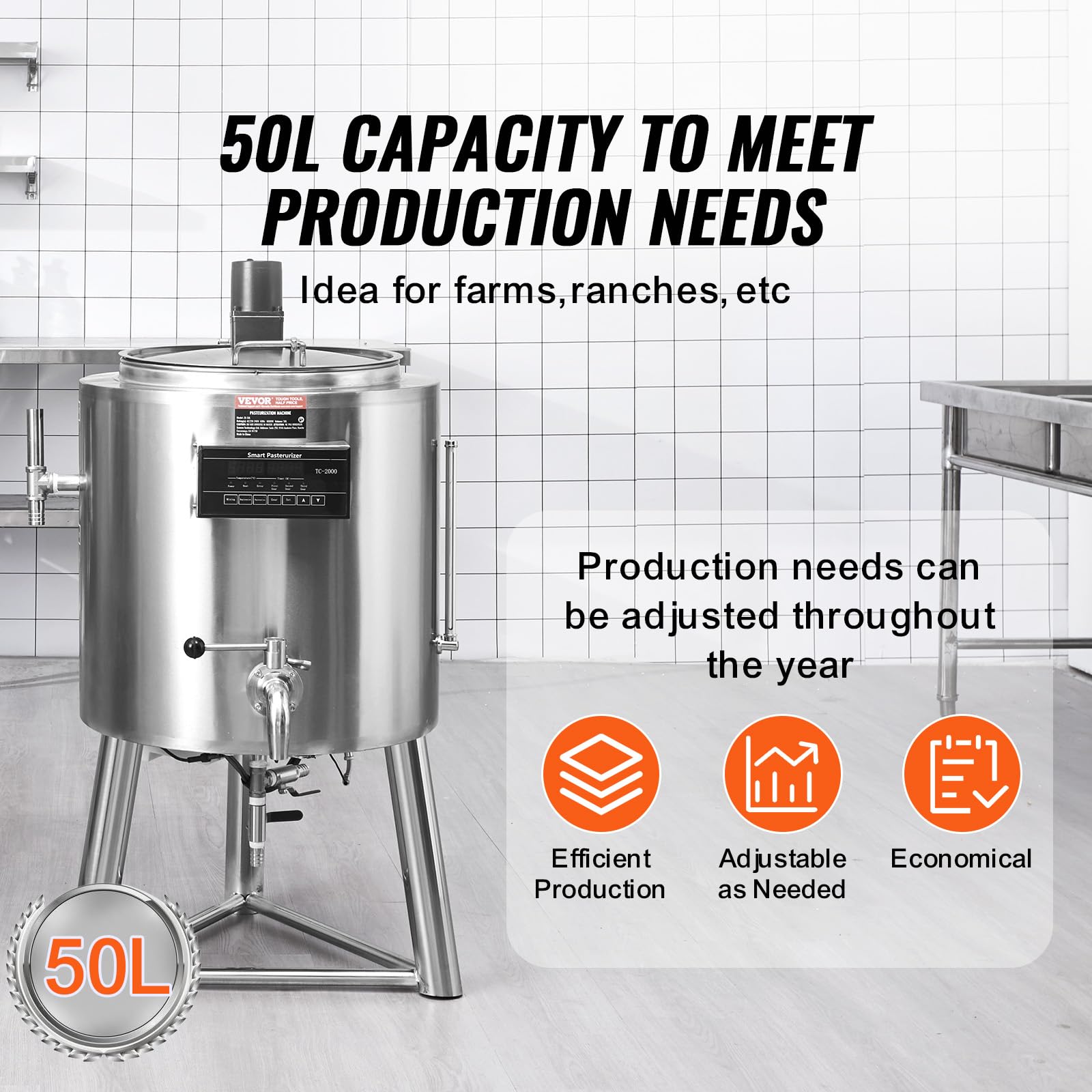 Vevor Milk Pasteurizer 50L, Commercial Milk Pasteurization Machine, Food Grade 304 Stainless Steel, Professional Pasteurization