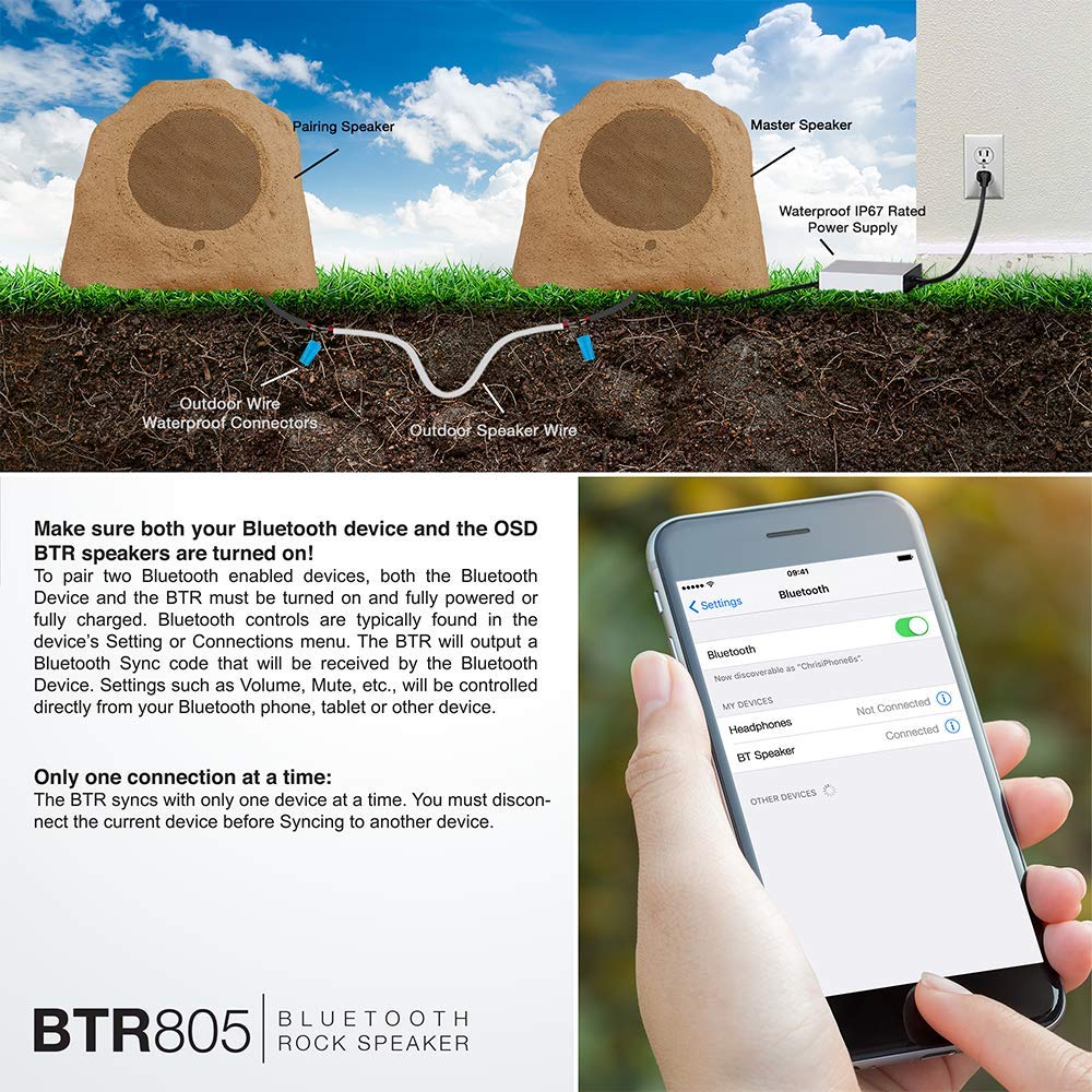 OSD Audio 8' Wireless Bluetooth Outdoor Rock Speaker Granite Grey Pair IP67 Power Supply BTR805