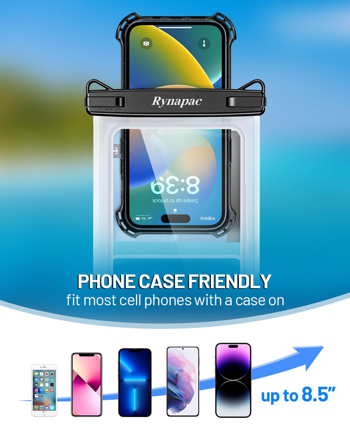 Rynapac Waterproof Phone Pouch   8.5In Waterproof Phone Case With Lanyard, Ipx8 Cell Phone Dry Bag Beach Essentials For Iphone 1