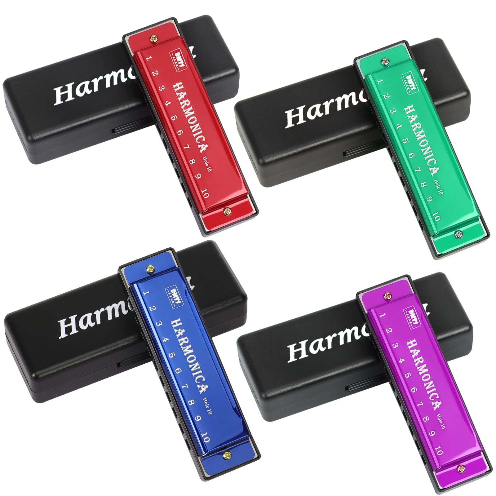 UPINS 4PCS Key of C 10 Hole 10 Tones Titanium Color Harmonica with Case for Beginner Students(Red, Blue, Green, Purple)