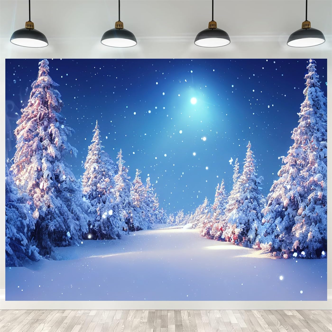 Fmarui 7X5Ft Winter Wonderland Backdrop Christmas Trees Star Of Bethlehem Snow Covered Photography Background Winter Llandscape