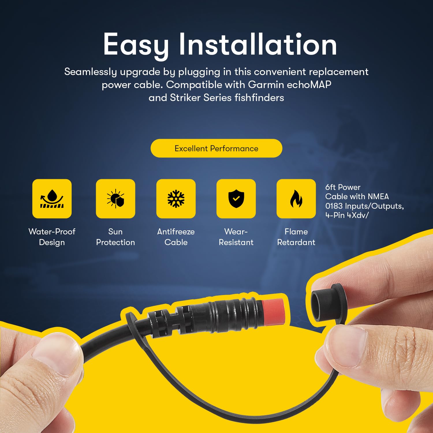 Sunluway Upgraded 010 12199 04 Power/Data Cable Compatible For Garmin Echomap & Striker Series Fishfinder, 6Ft Power Cable With